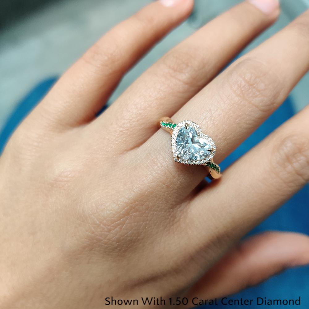 Heart Shaped Petite Twisted Vine Halo Engagement Ring with Green Emerald in 14K Yellow Gold