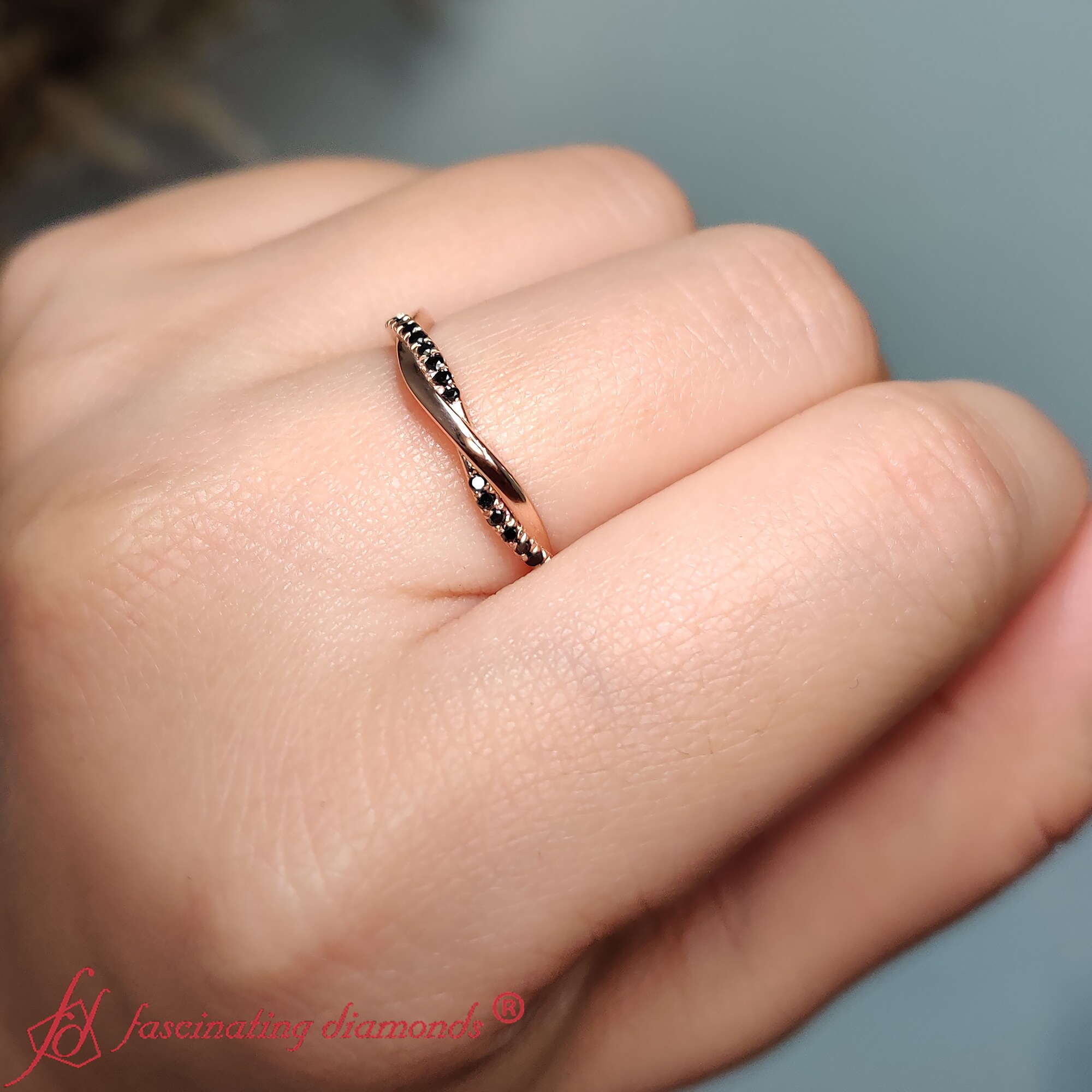 Infinity Twist Wedding Band with 14K Rose Gold Black Diamond
