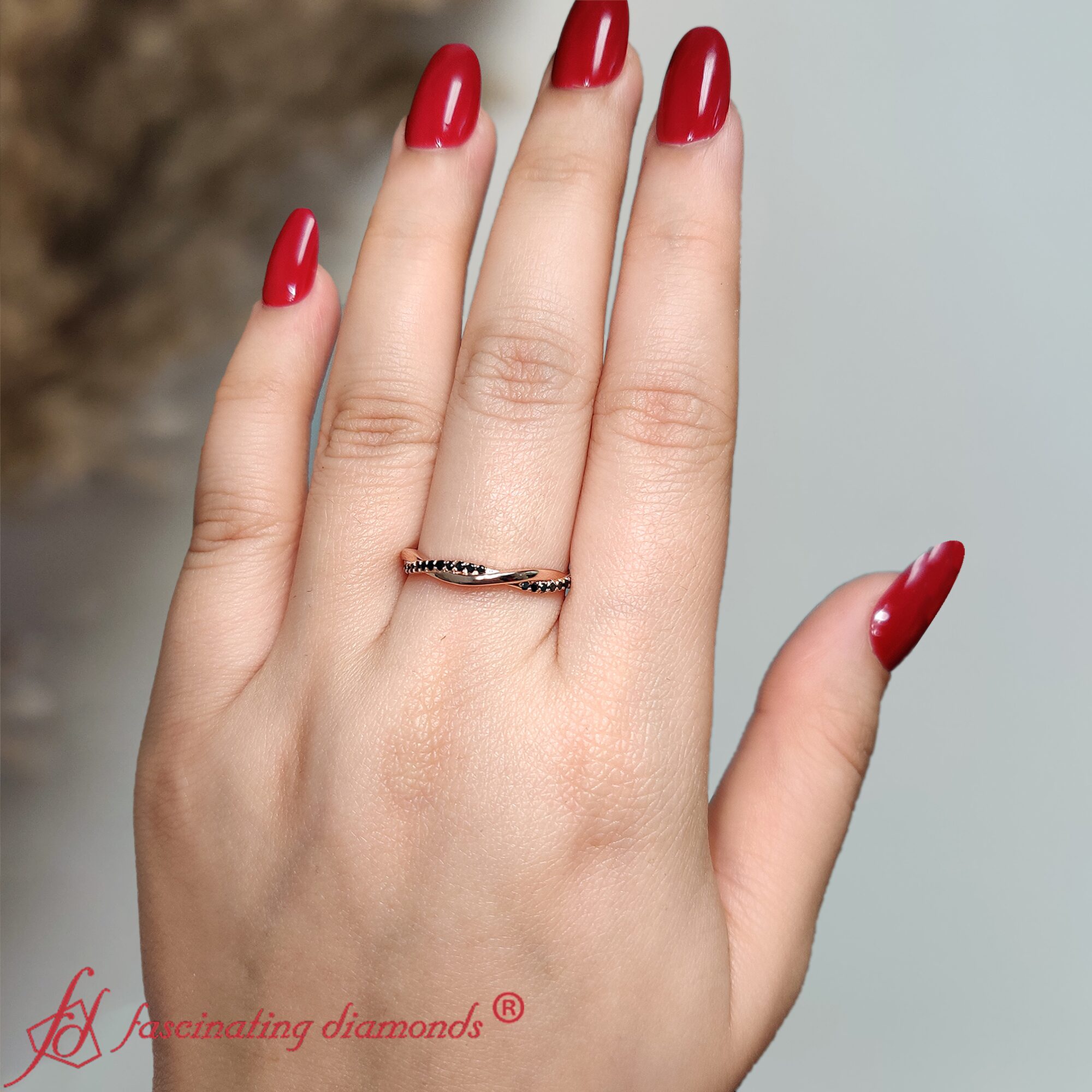 Infinity Twist Wedding Band with 14K Rose Gold Black Diamond