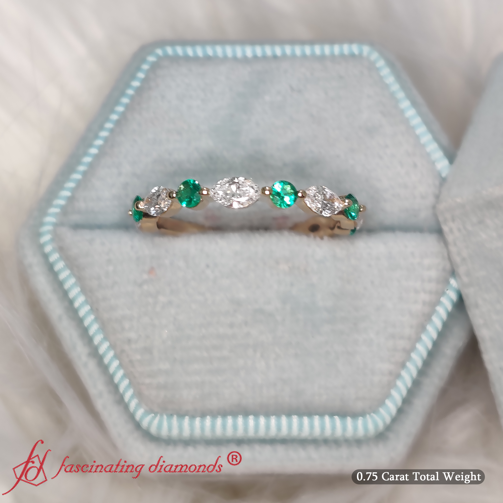 Semi Mount Shaped Shared Prong Marquise Diamond Ring with Green Emerald 14K Yellow Gold