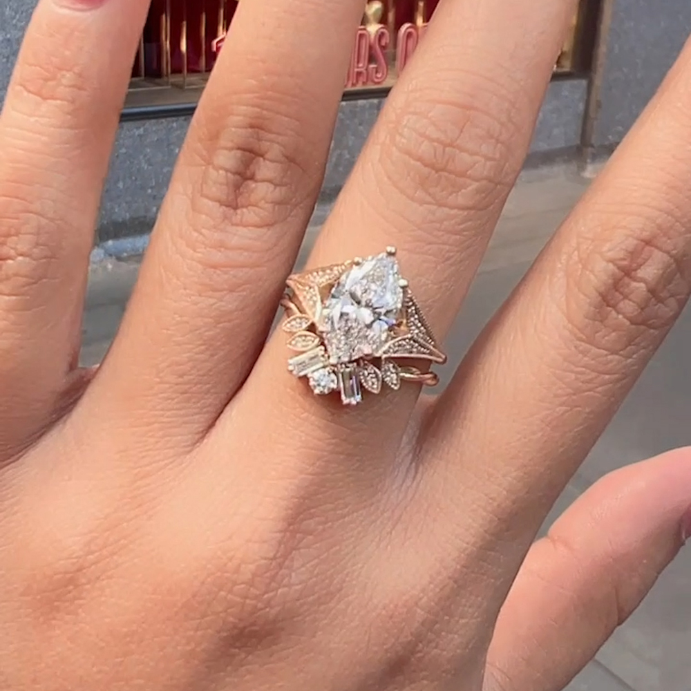 Marquise Shaped Antique Ring With Twisted Band with White Diamond in 14K Yellow Gold