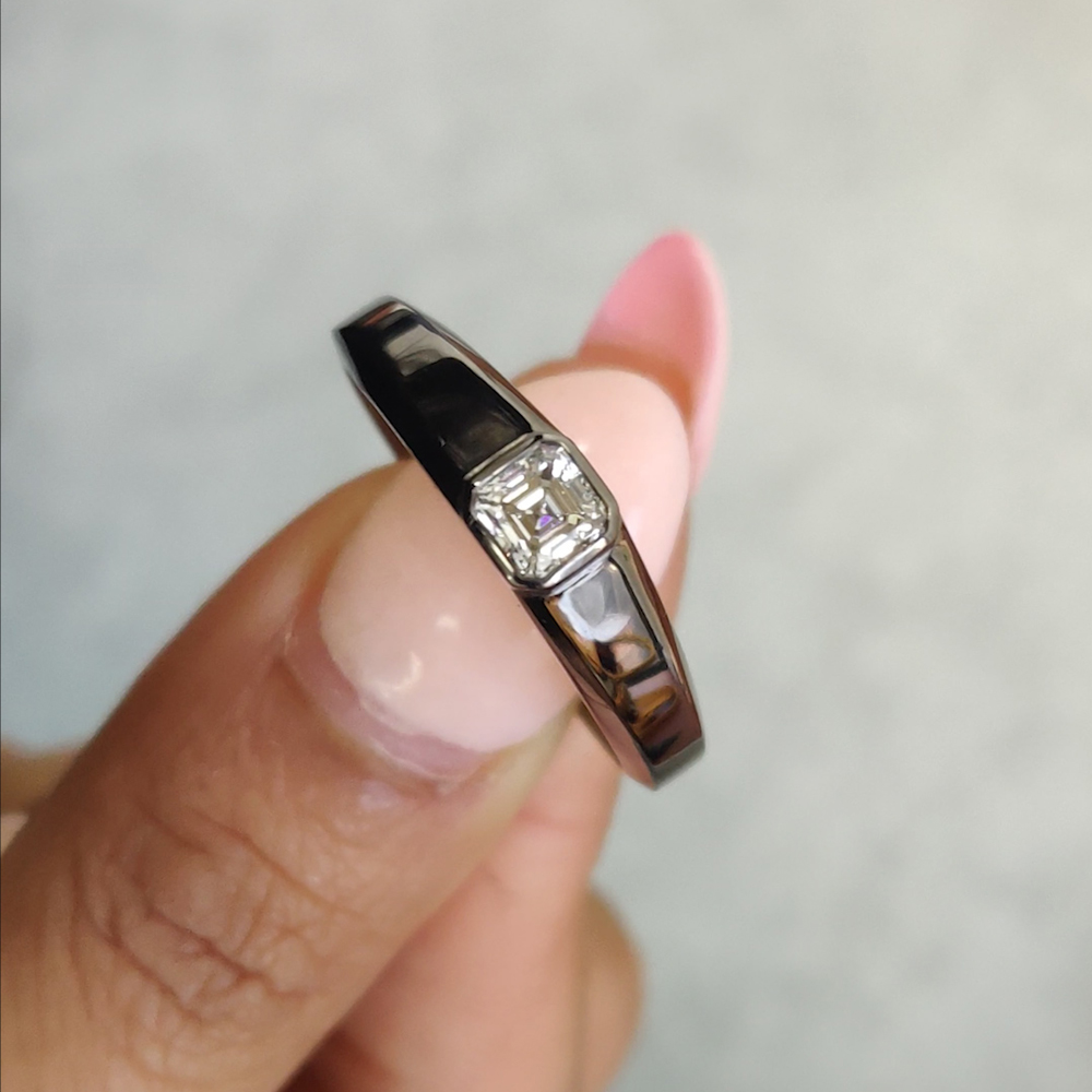 Mens Asscher Cut Bezel Diamond Ring In 18K Black Gold