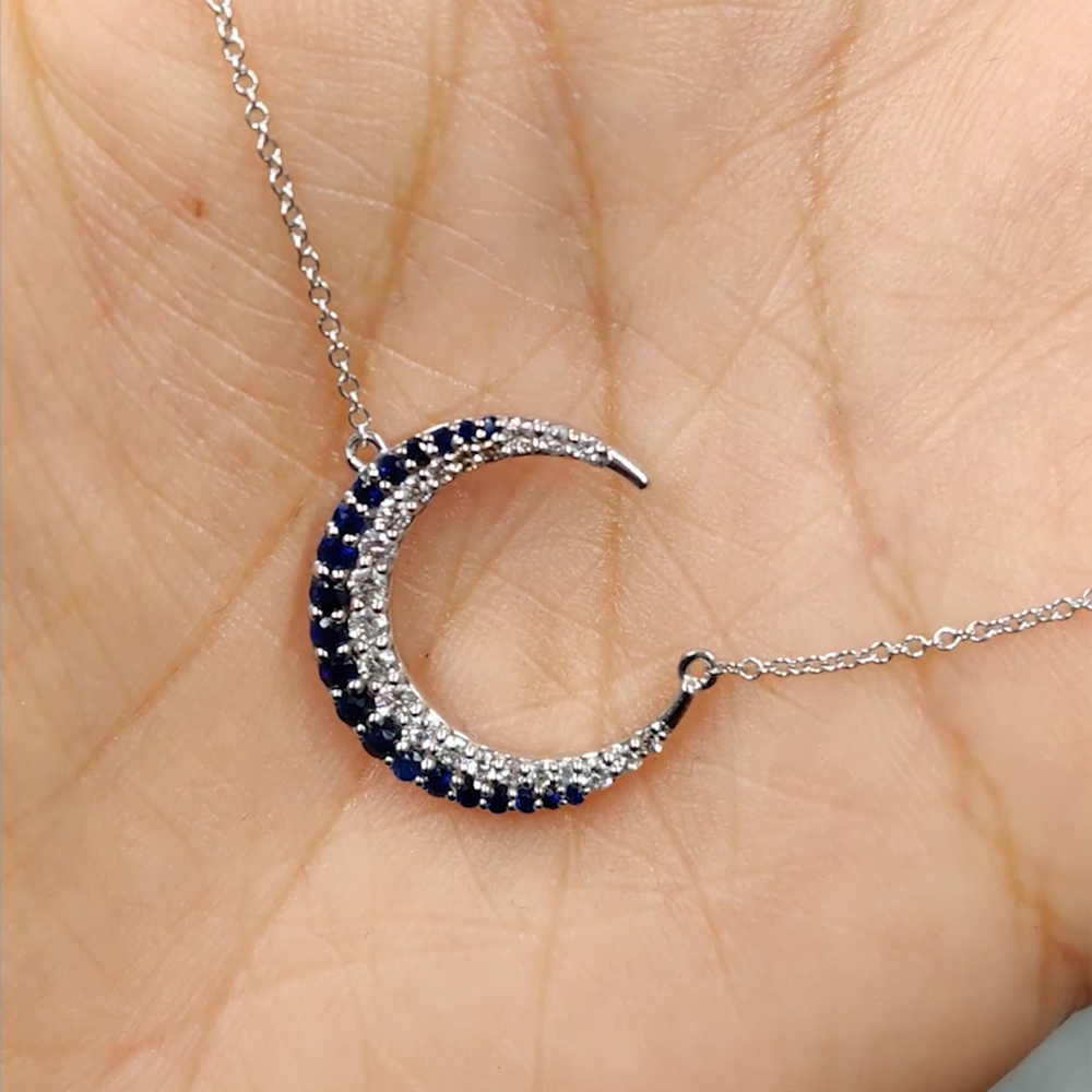 Moon Necklace Diamond Pendant With Sapphire In 18K White Gold