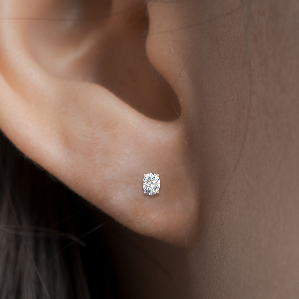 Oval Shaped Basket Stud Earring 0.75 Carat with 14K Rose Gold White Diamond