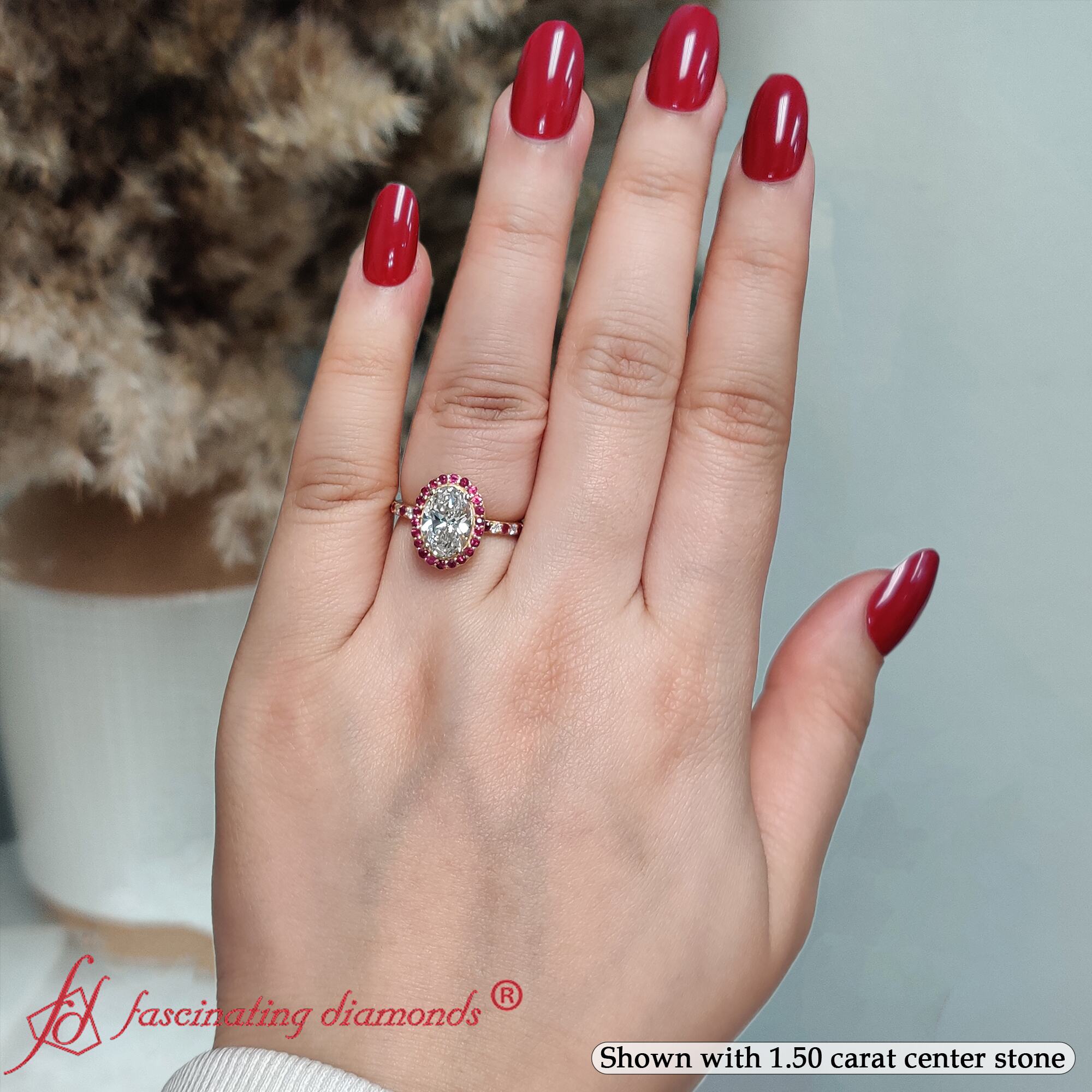 Oval Shaped Classic Halo Engagement Rings with Red Ruby in 14K Yellow Gold