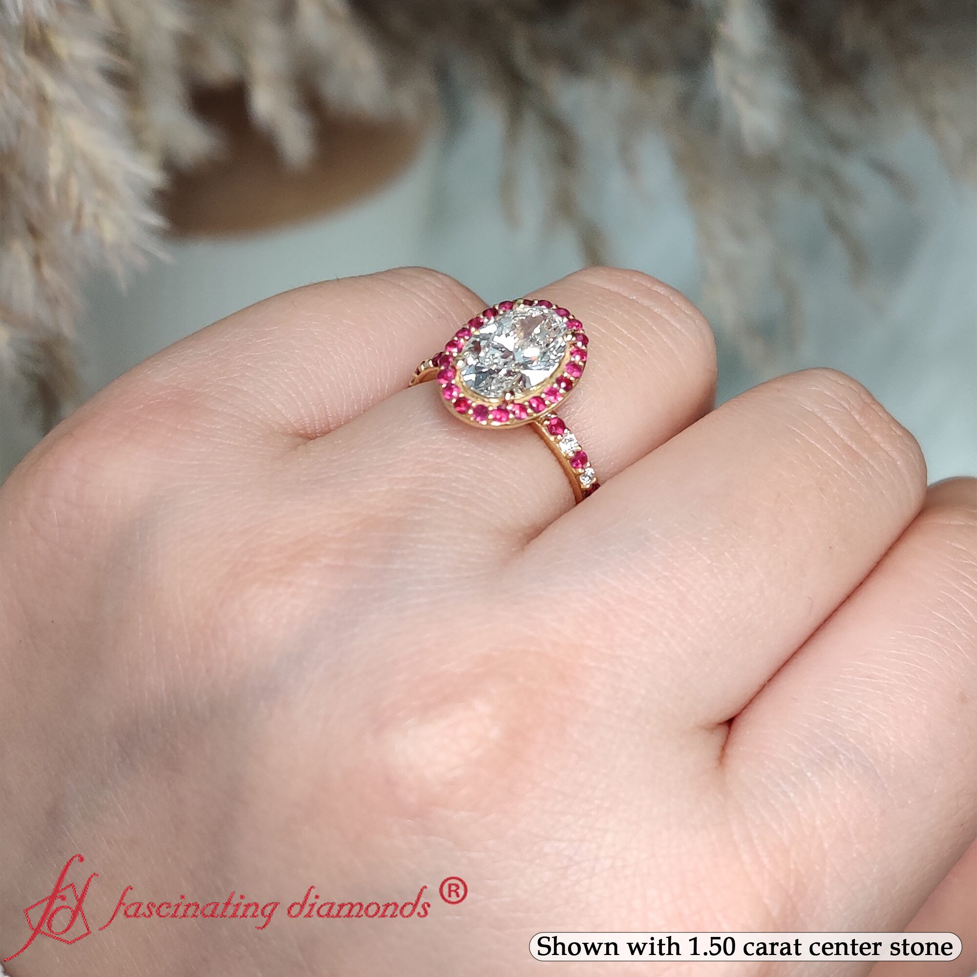 Oval Shaped Classic Halo Engagement Rings with Red Ruby in 14K Yellow Gold