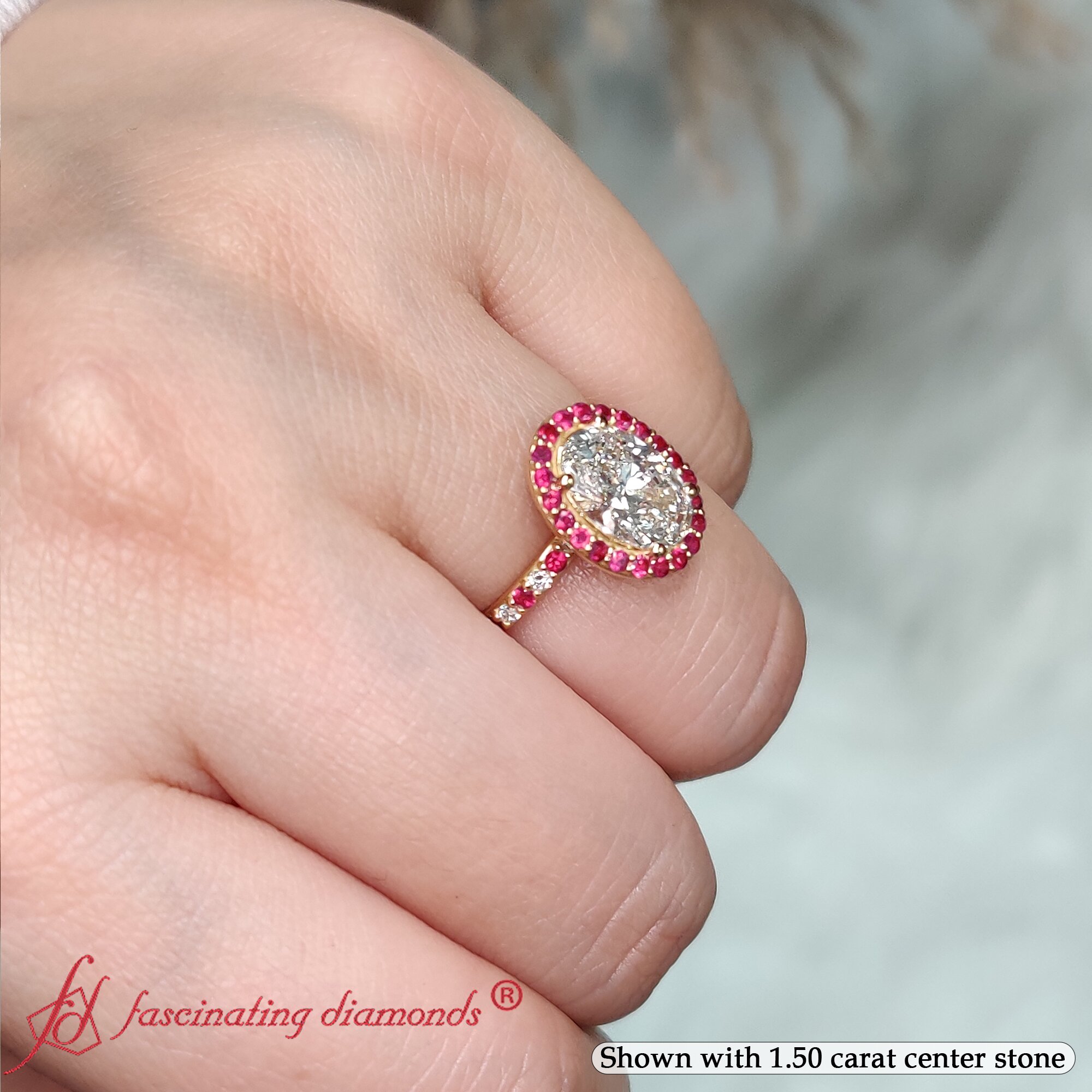 Oval Shaped Classic Halo Engagement Rings with Red Ruby in 14K Yellow Gold