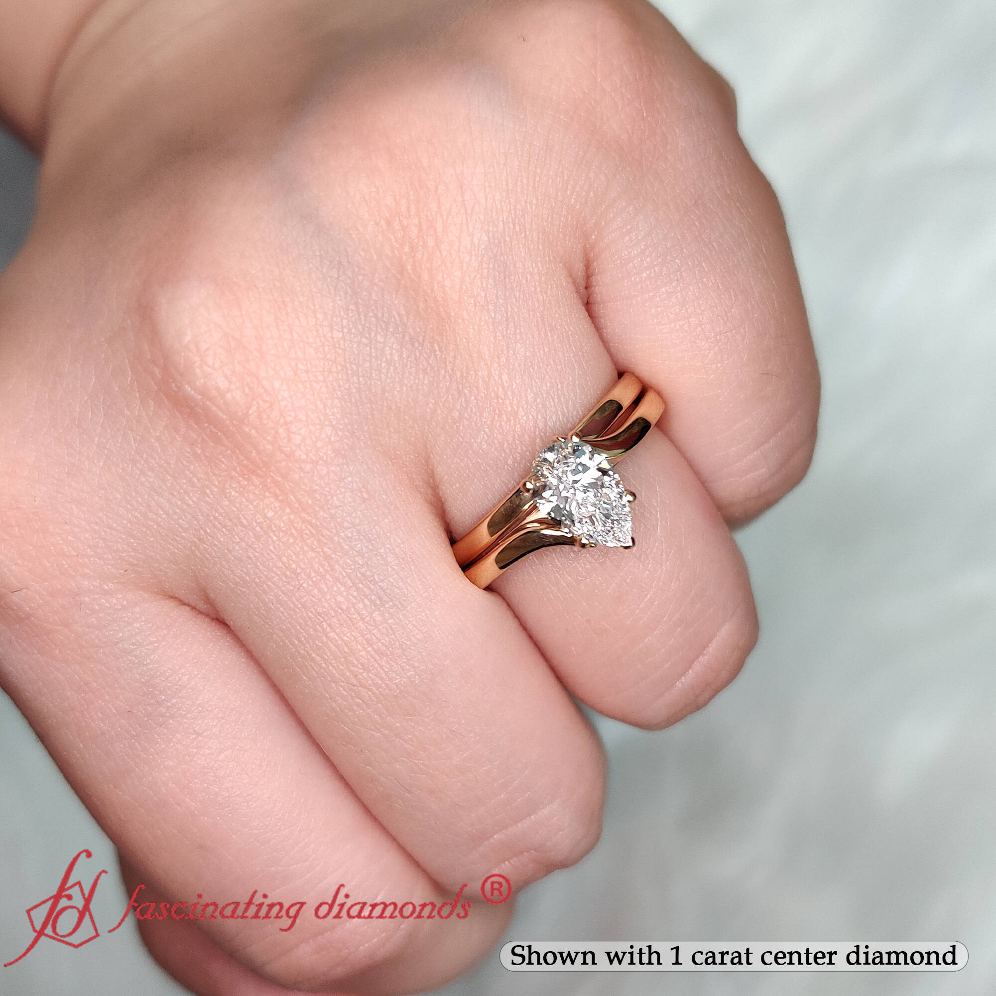 Pear Shaped Simple Solitaire Wedding Set with undefined in 14K Yellow Gold