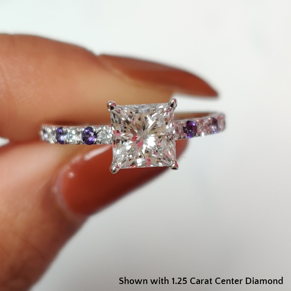Princess Shaped Classic Pave Three Quater Simple Engagement Ring with Purple Amethyst in 14K White Gold