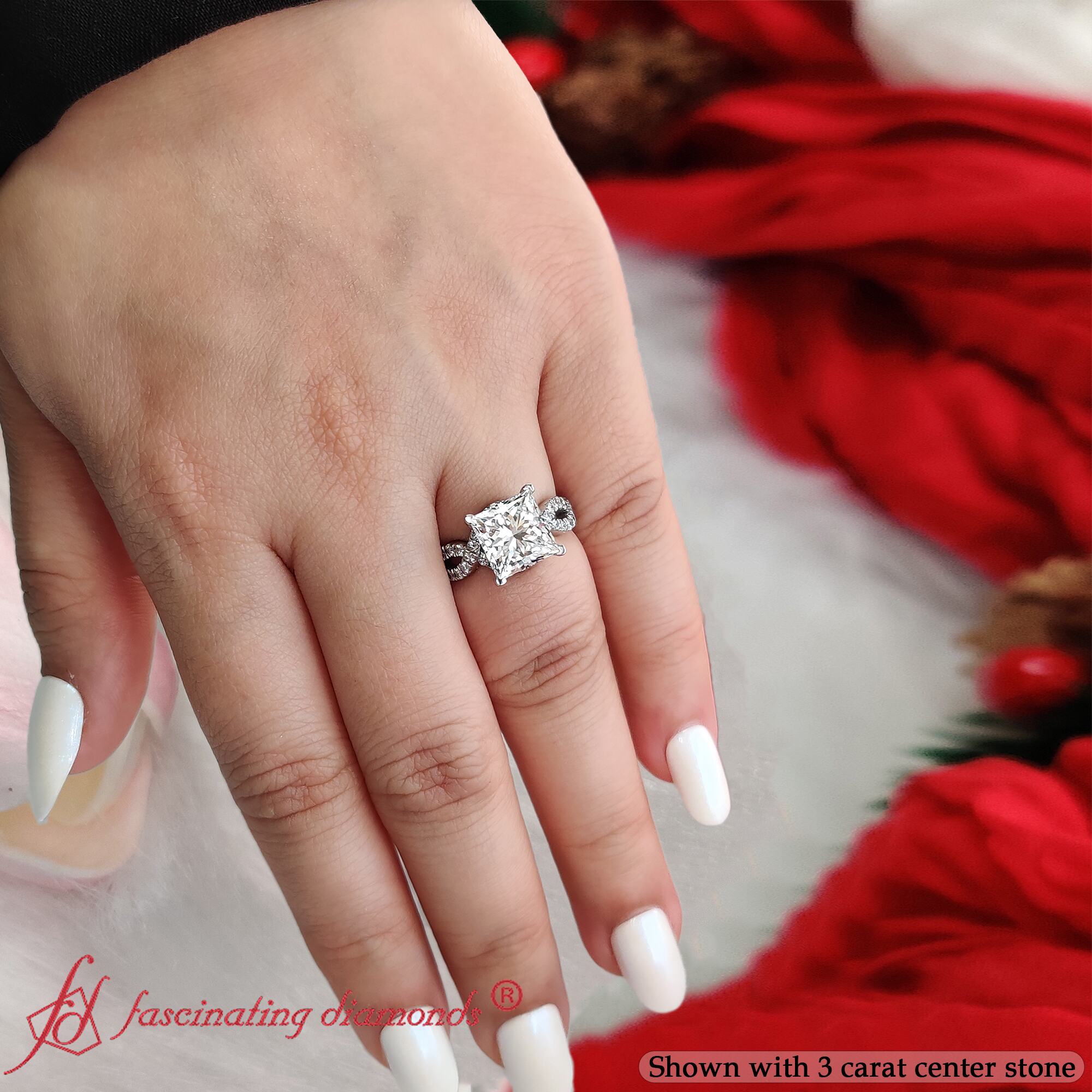 Princess Shaped Infinity Split Engagement Ring with White Diamond in 14K White Gold