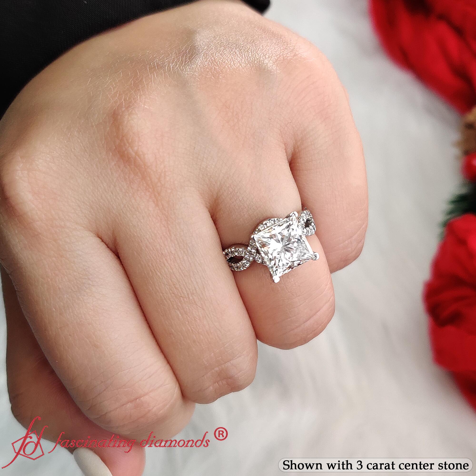 Princess Shaped Infinity Split Engagement Ring with White Diamond in 14K White Gold