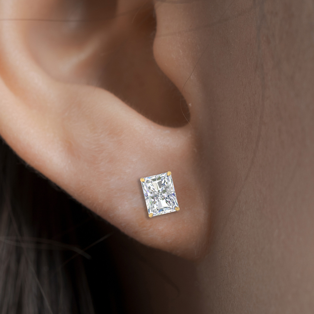 Radiant Diamond Basket Stud Earring 3 Carat with 14K Yellow Gold White Diamond