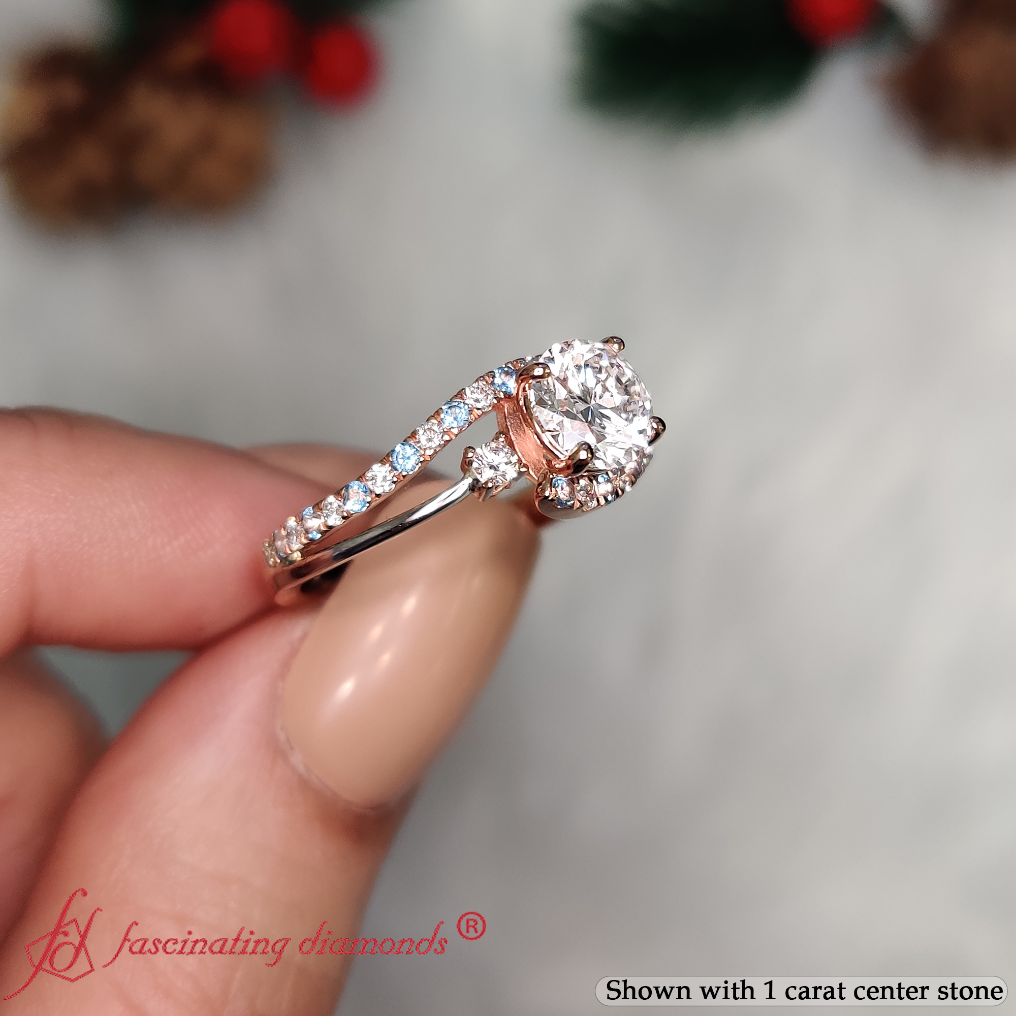 Round Shaped 2 Tone 3 Stone Diamond Swirl Ring with Ice Blue Topaz in 14K Rose Gold