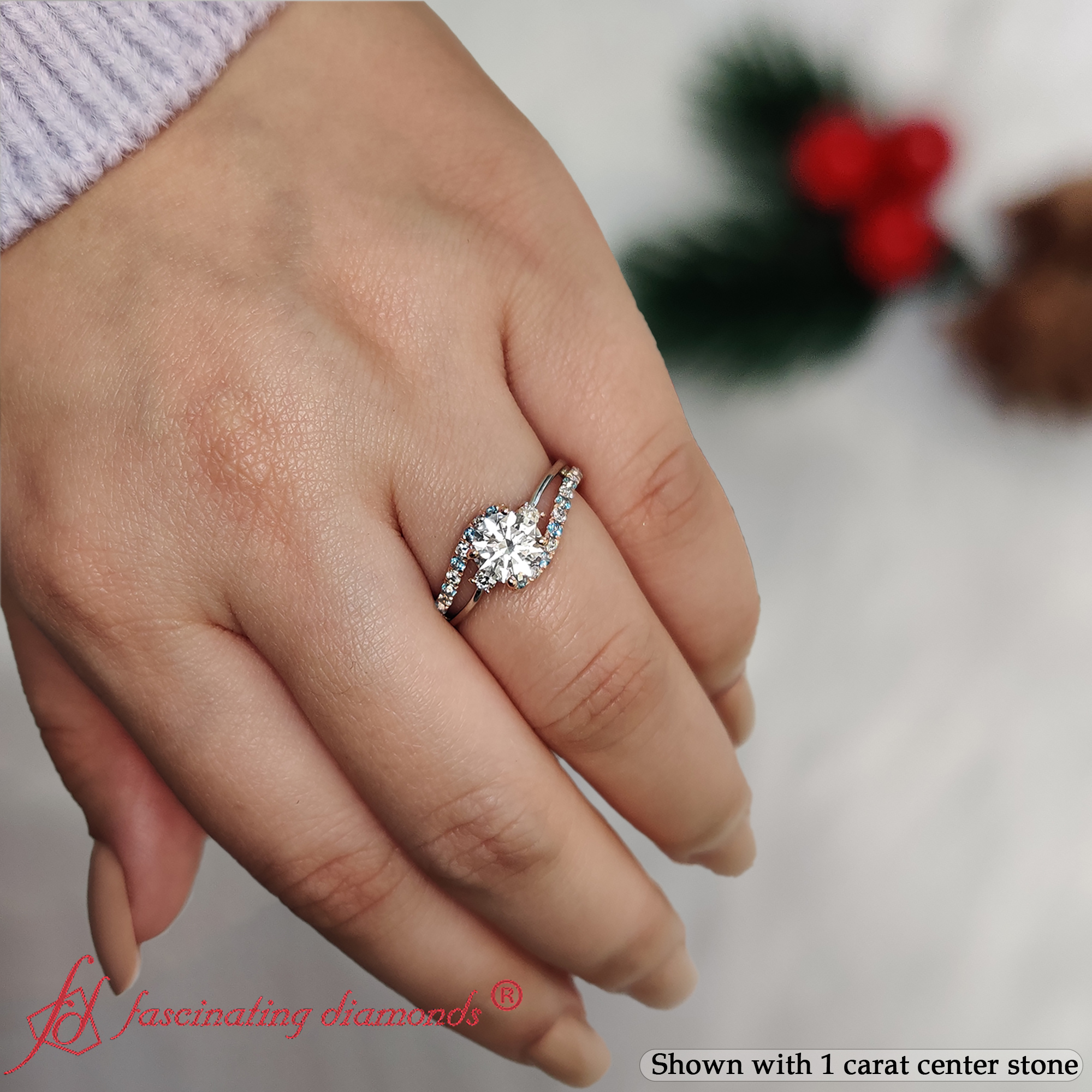 Round Shaped 2 Tone 3 Stone Diamond Swirl Ring with Ice Blue Topaz in 14K Rose Gold