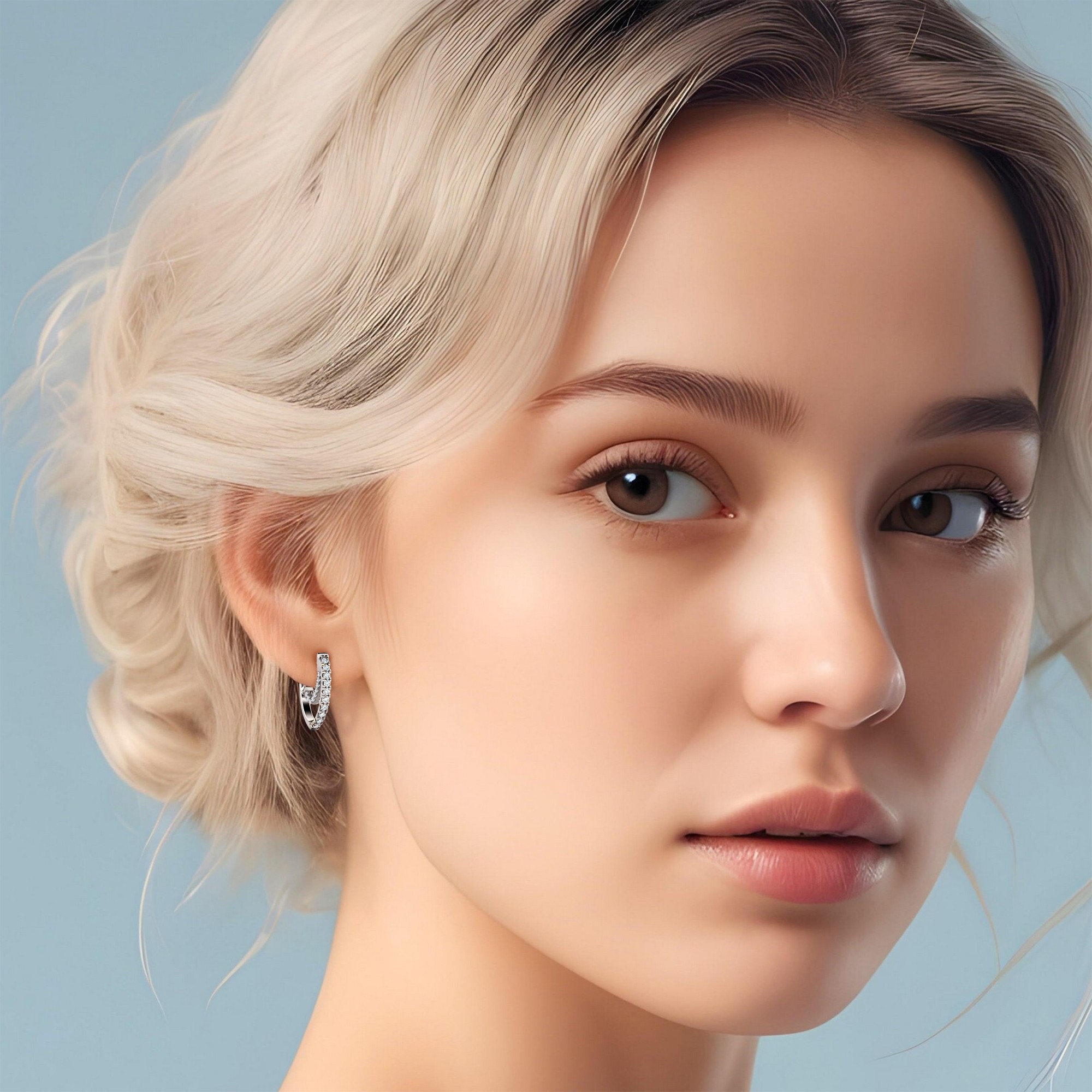 Delicate Diamond Hoop Earrings with 14K White Gold White Diamond