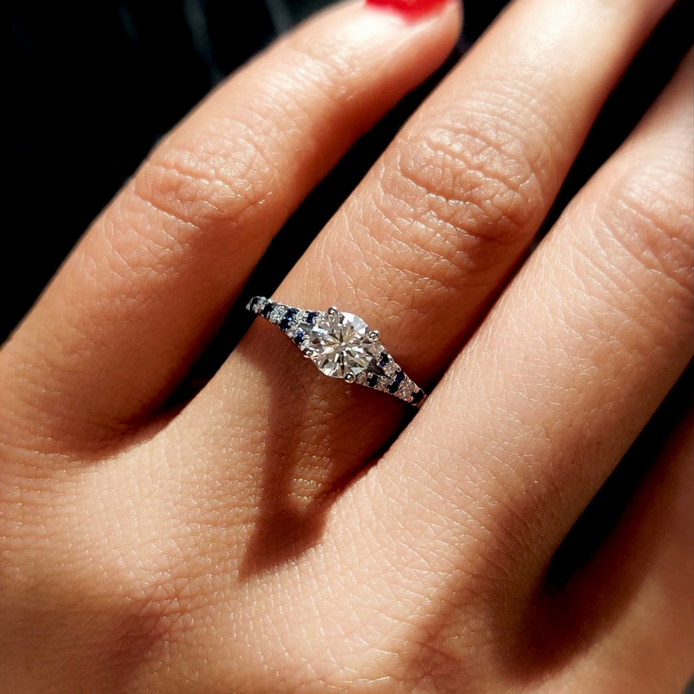 Round Shaped Round Cut Hidden Halo Cathedral Engagement Ring with Blue Sapphire in 14K White Gold