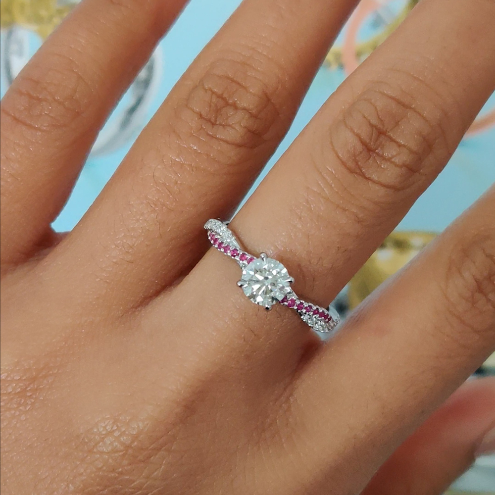 Round Cut Twisted Vine Diamond Engagement Ring For Women With Pink Sapphire In 14K White Gold