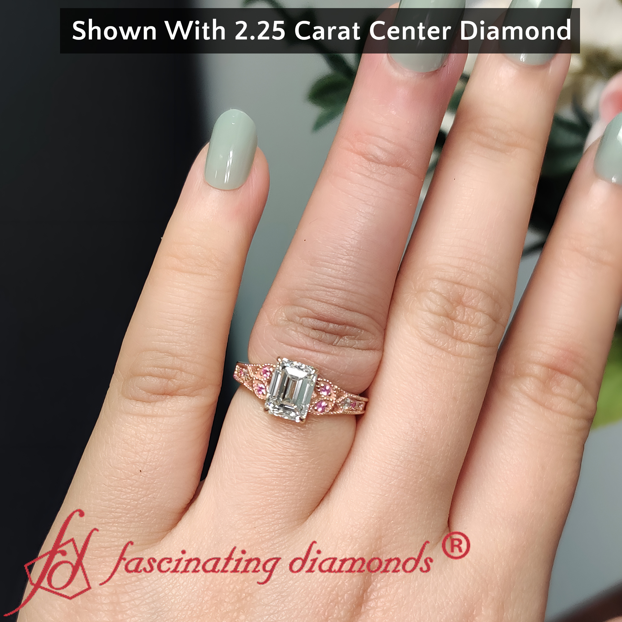 Emerald Shaped Split Band Antique Engagement Ring with Pink Sapphire in 14K Yellow Gold