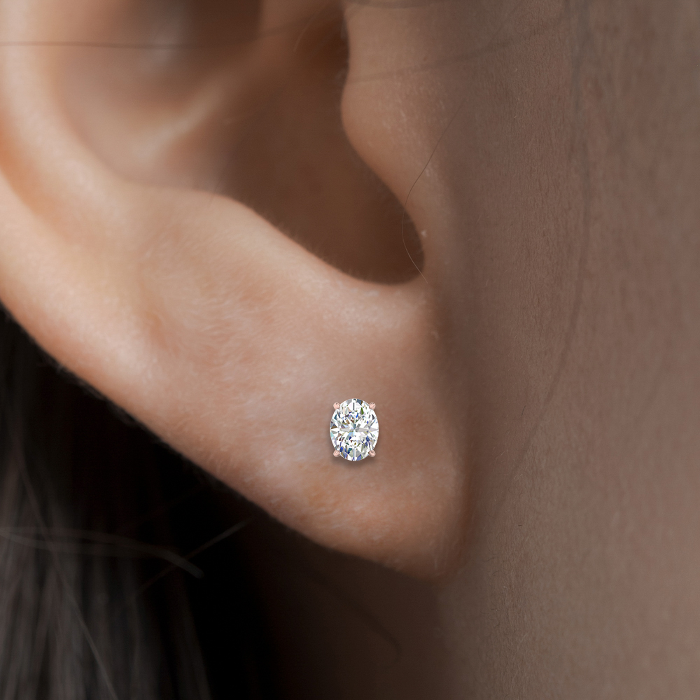 Stud Earring Basket Oval Shaped 1 Carat with 14K Rose Gold White Diamond