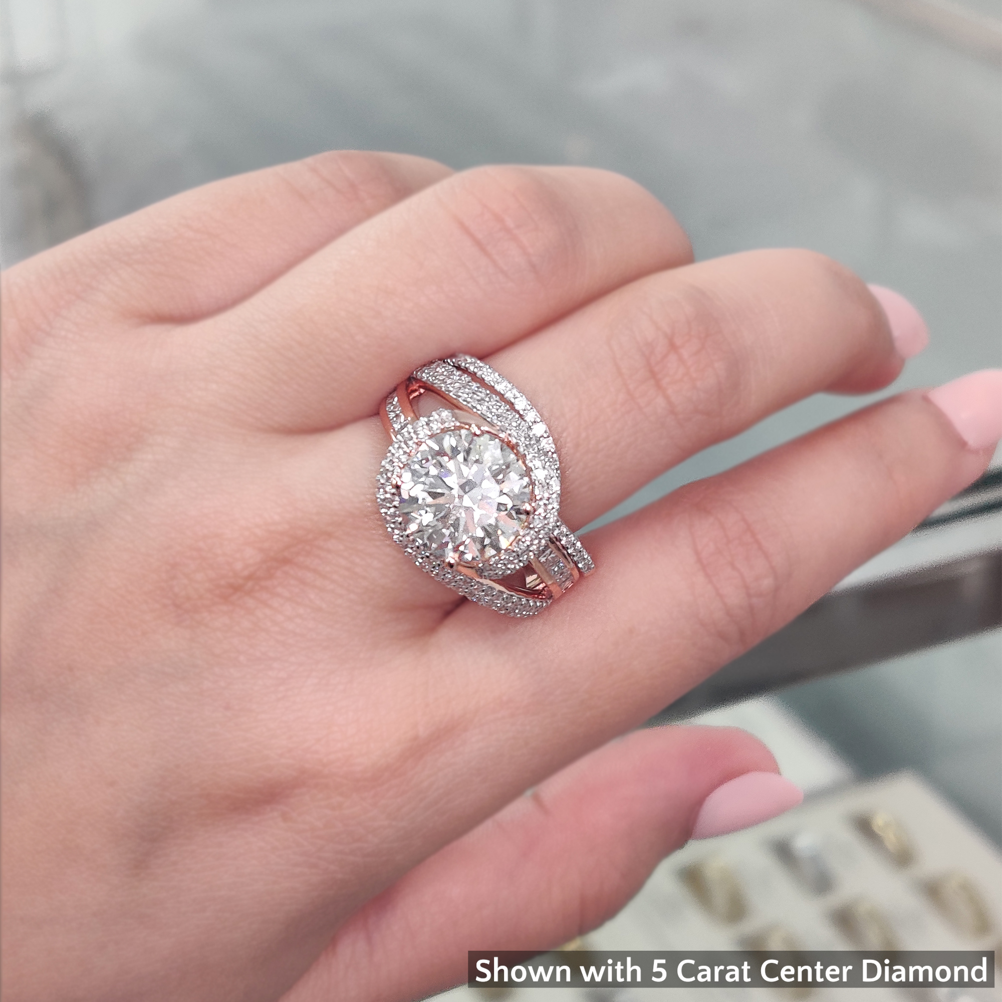 Round Shaped Swirl Halo Bridal Ring Set with White Diamond in 14K Rose Gold
