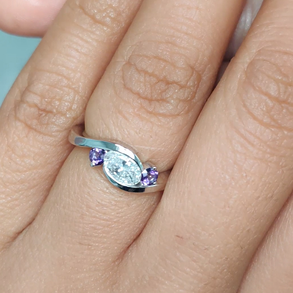 Twist 3 Stone Engagement Ring With Purple Topaz In 14K White Gold