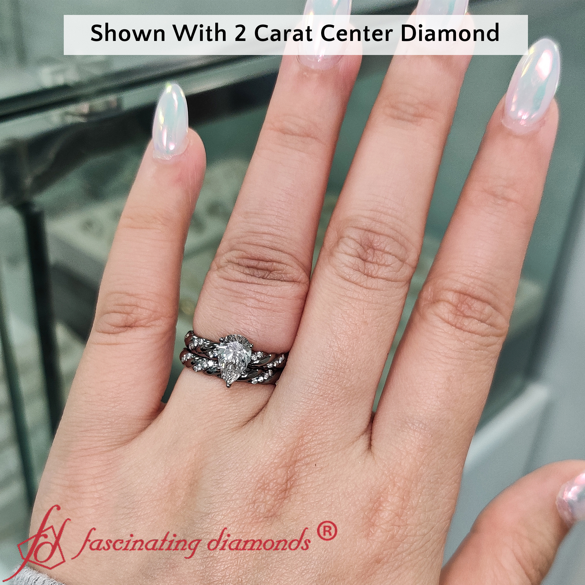 Pear Shaped Black Twisted Engagement And Wedding Ring Set with White Diamond in 14K Black Gold