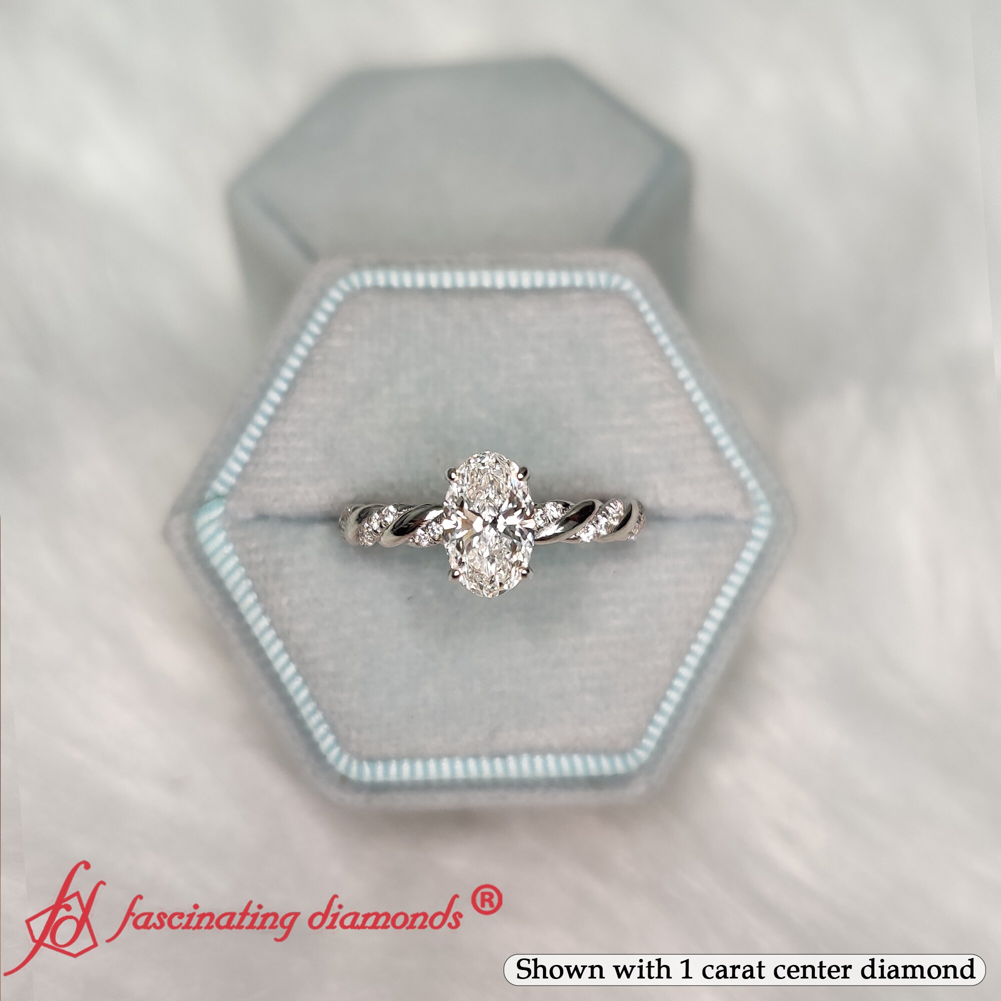 Oval Rope Style Gemstone Engagement Ring with 14K White Gold White Diamond