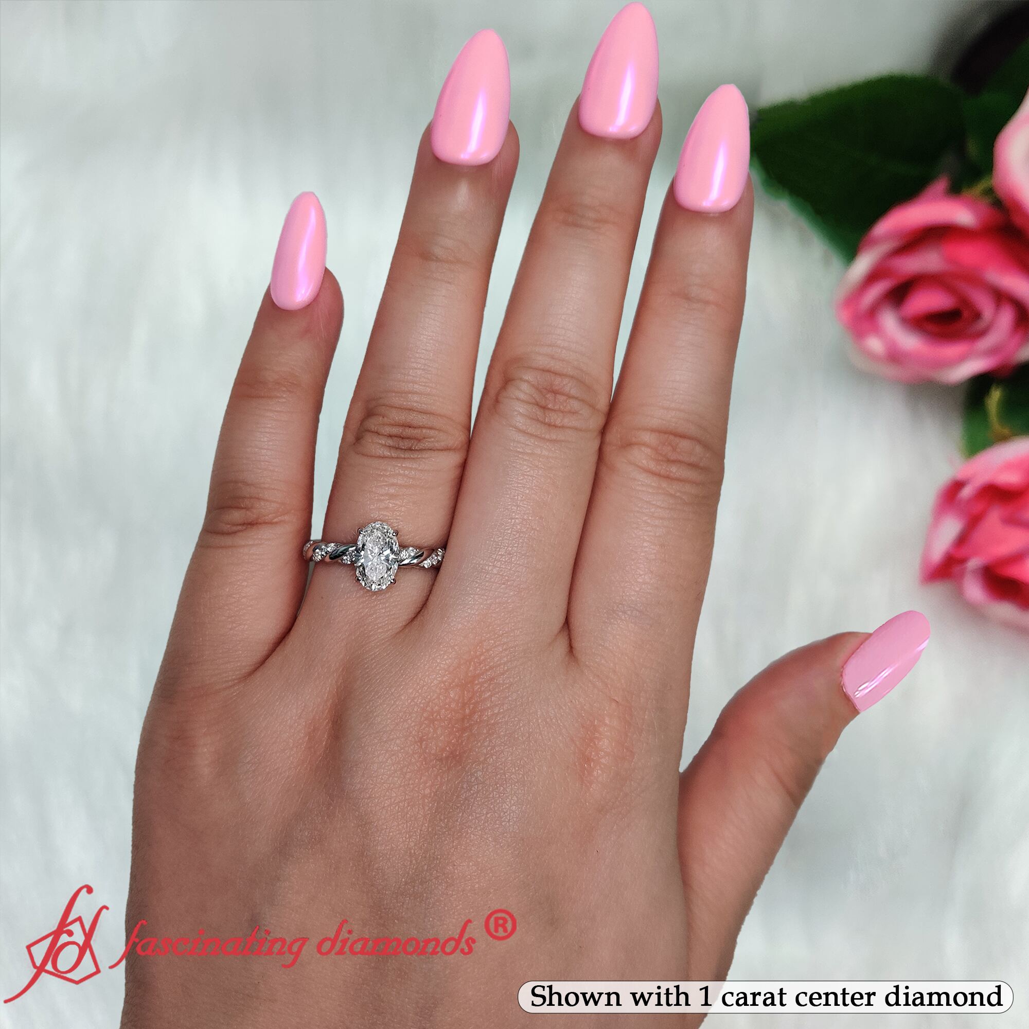 Oval Rope Style Gemstone Engagement Ring with 14K White Gold White Diamond