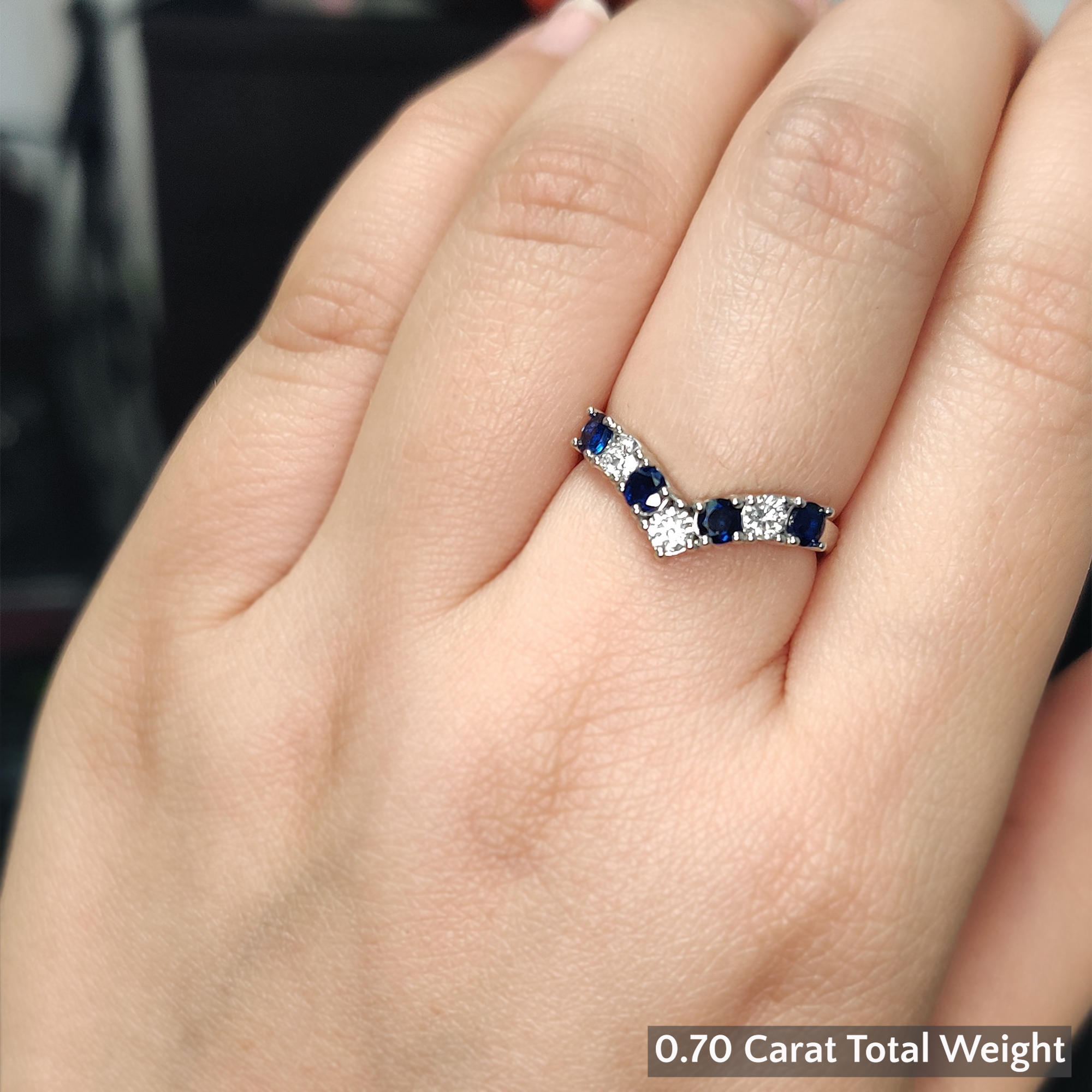 V Design 7 Stone Anniversary Band with 14K White Gold Blue Sapphire