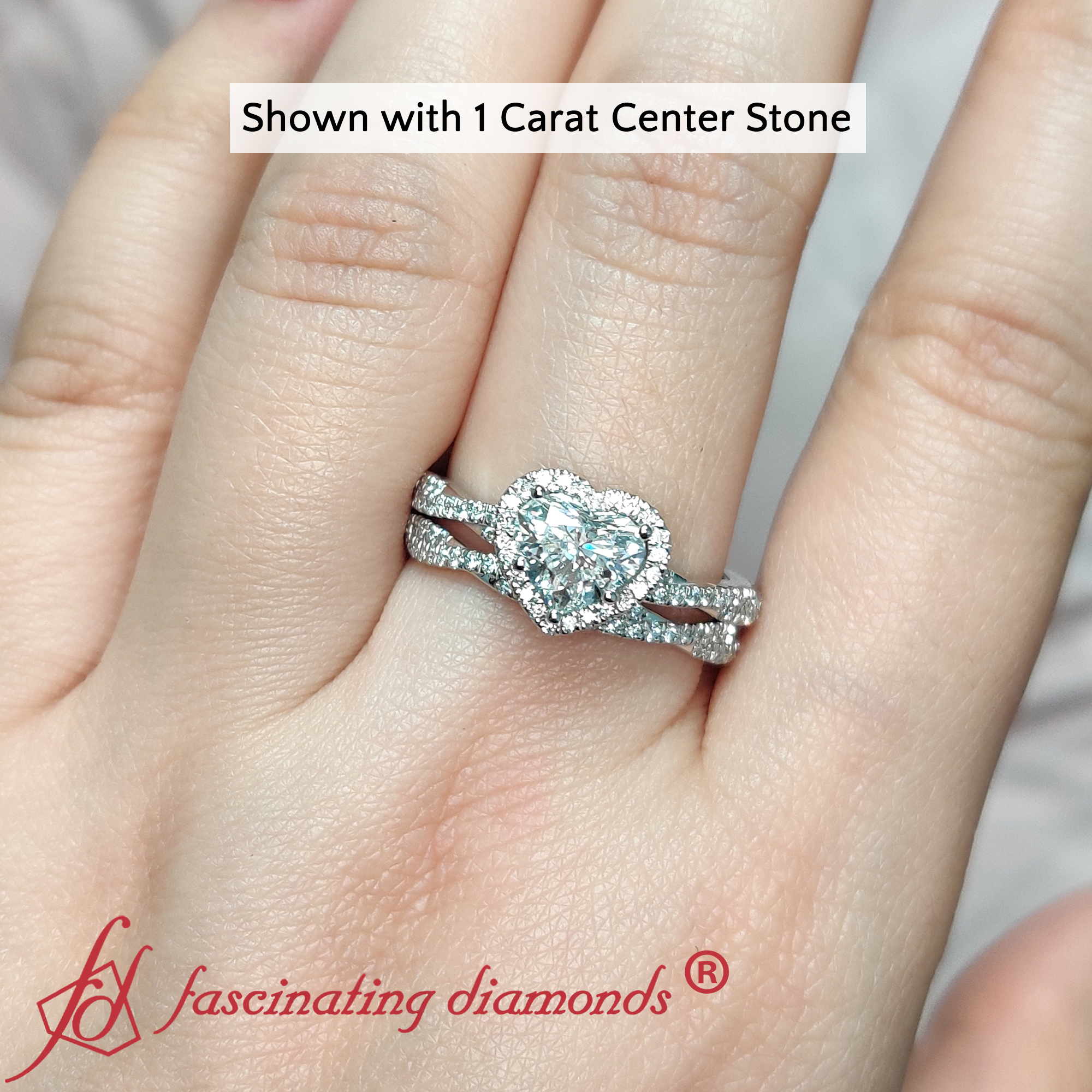 Heart Shaped Vine Halo Twisted Wedding Set with White Diamond in 14K White Gold
