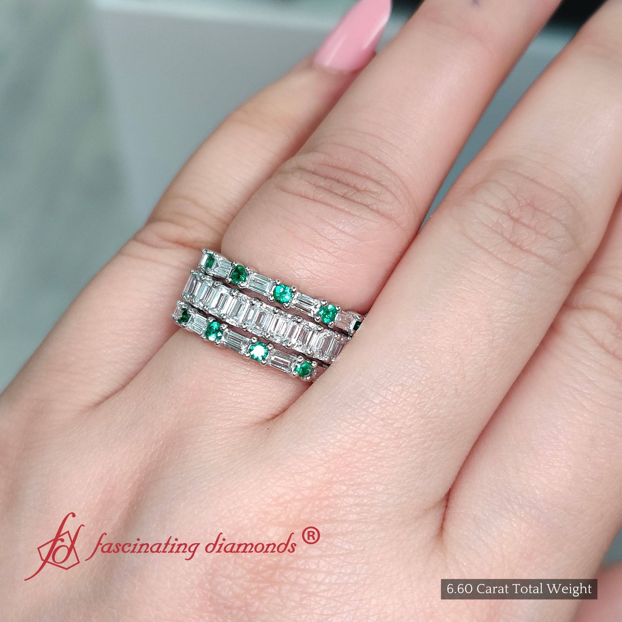 Emerald Cut Eternity Stack Bands with 14K White Gold Green Emerald