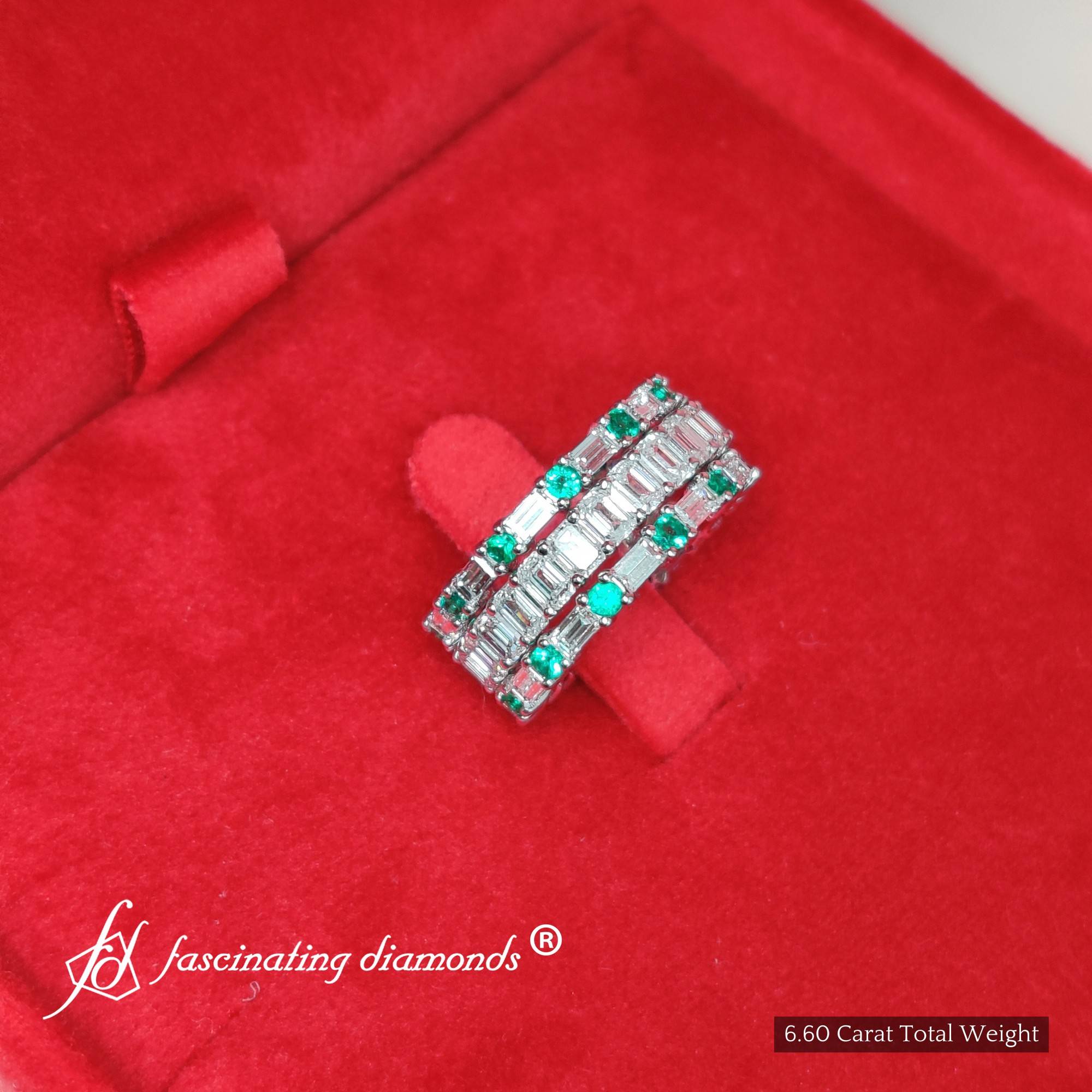 Emerald Cut Eternity Stack Bands with 14K White Gold Green Emerald