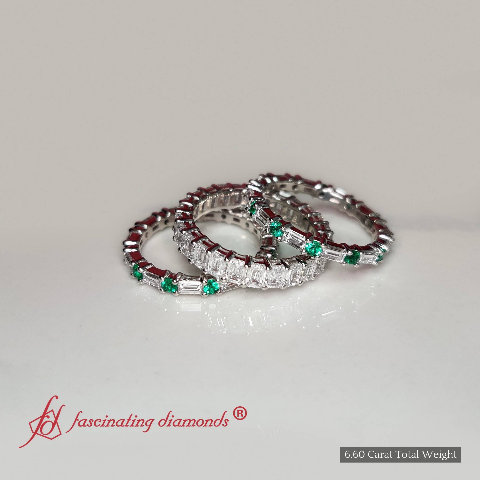 Emerald Cut Eternity Stack Bands with 14K White Gold Green Emerald