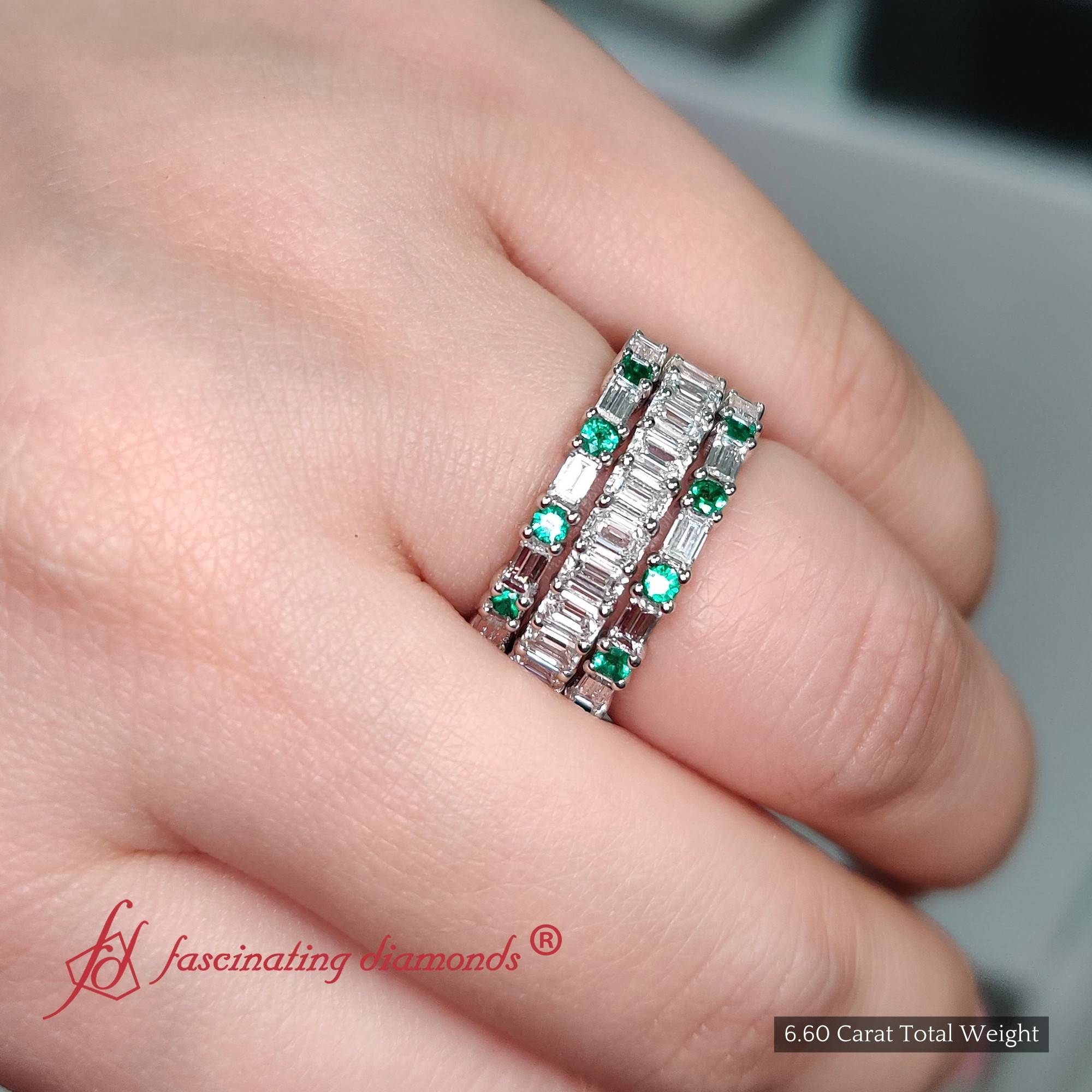 Emerald Cut Eternity Stack Bands with 14K White Gold Green Emerald