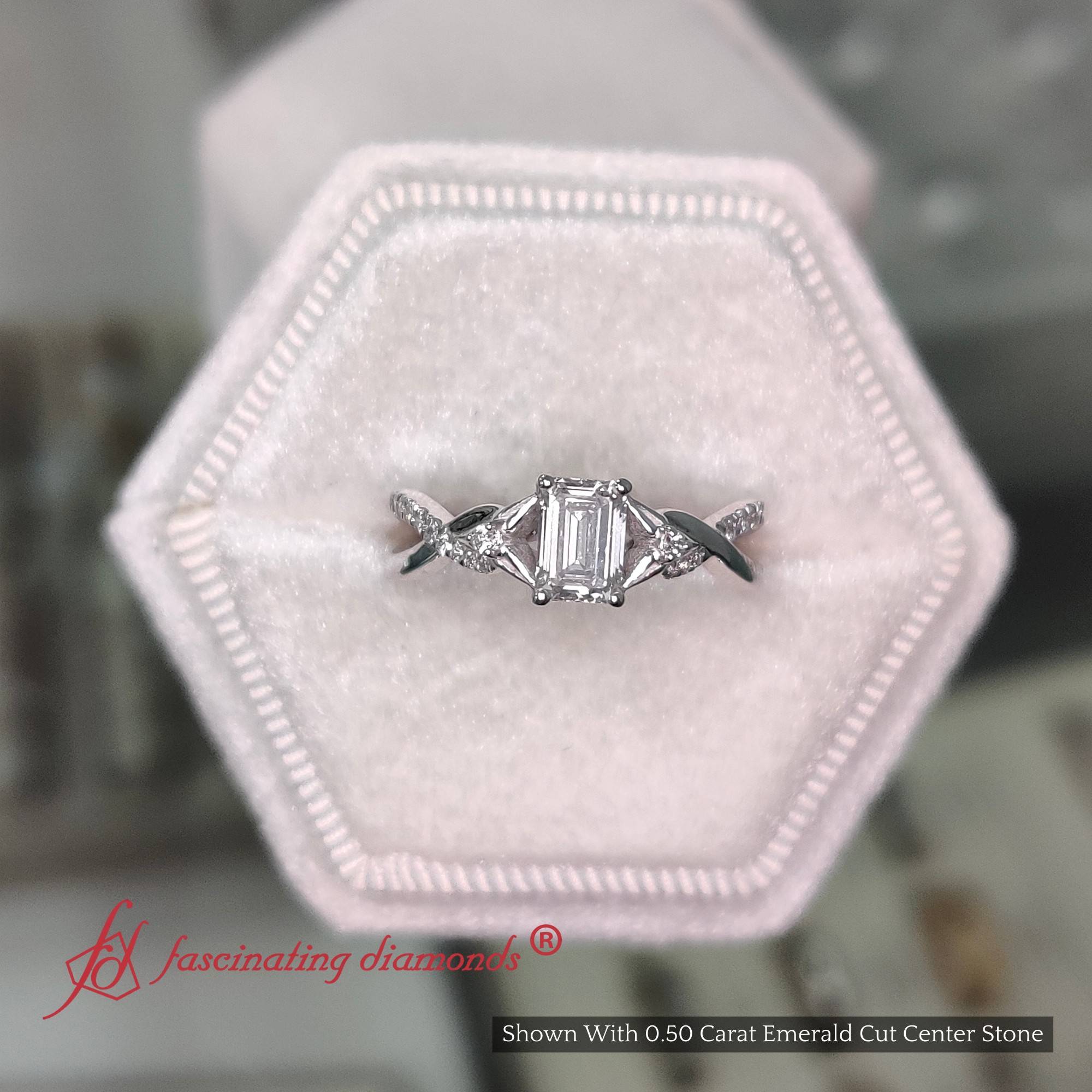 Emerald Cut Lab Diamond Infinity Engagement Ring with 14K White Gold White Diamond