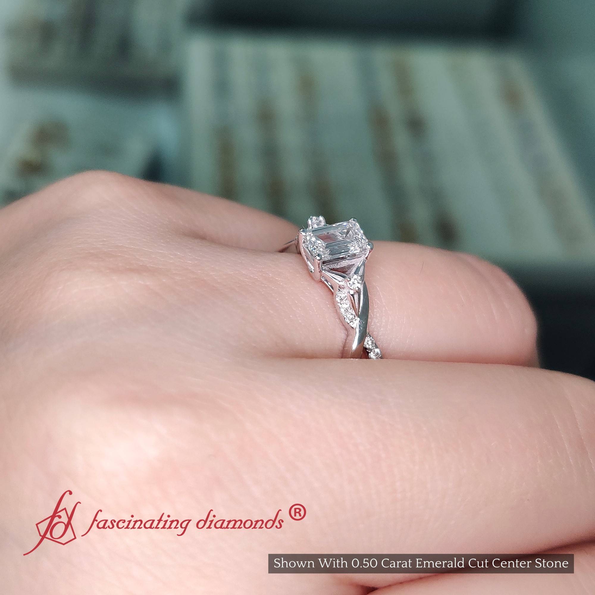 Emerald Cut Lab Diamond Infinity Engagement Ring with 14K White Gold White Diamond