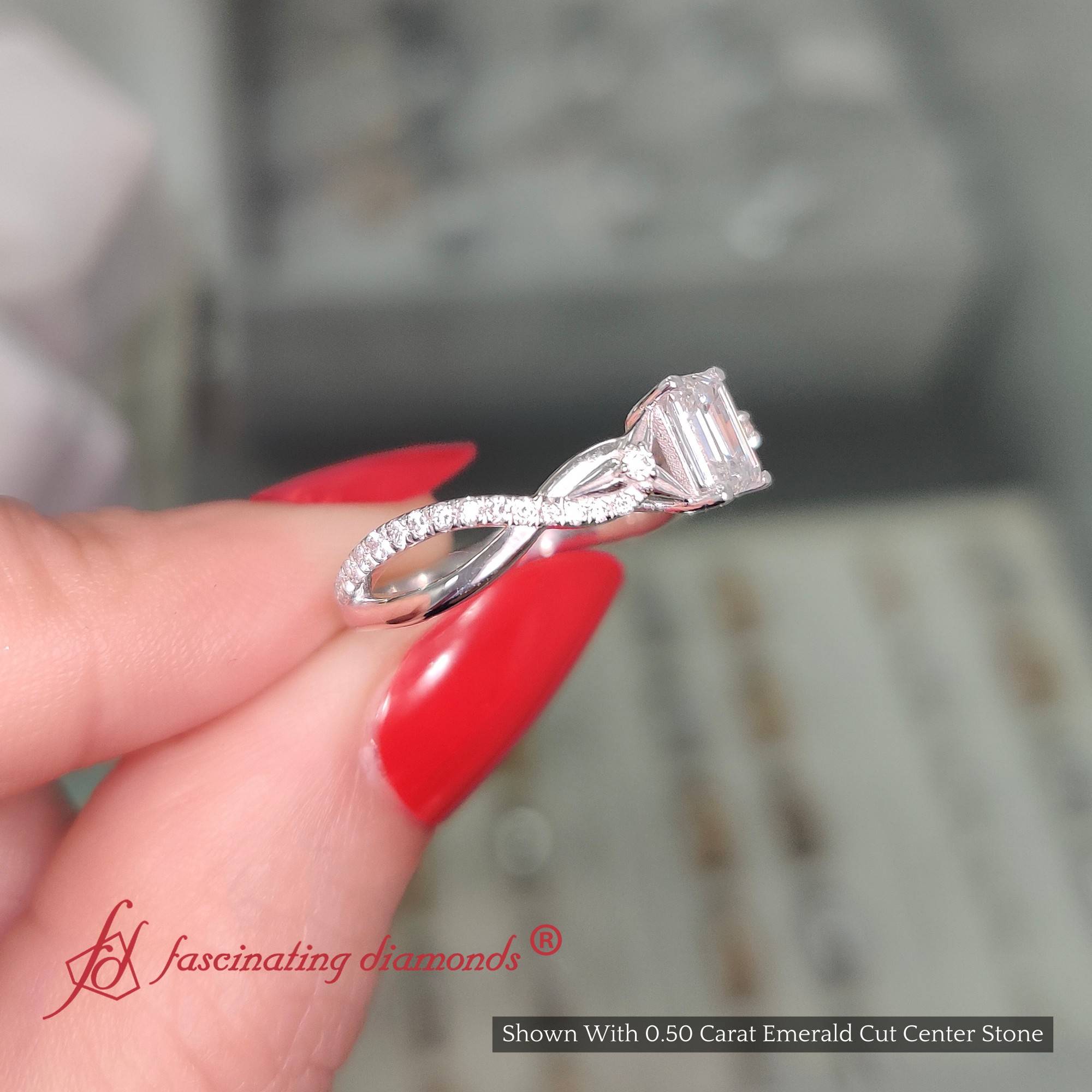 Emerald Cut Lab Diamond Infinity Engagement Ring with 14K White Gold White Diamond