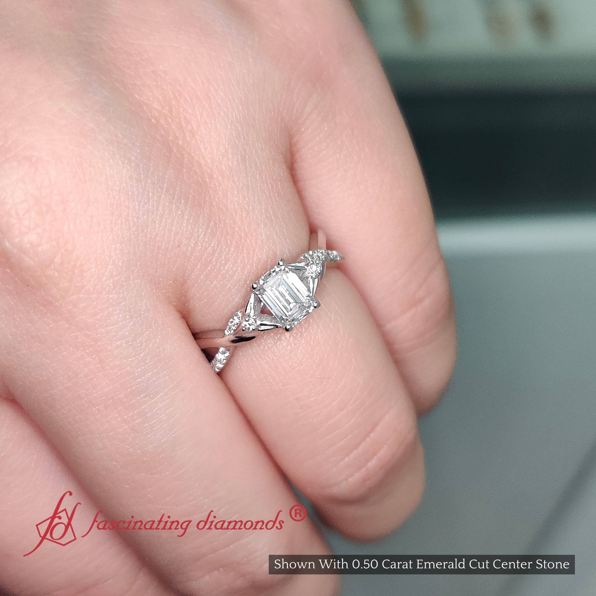 Emerald Cut Lab Diamond Infinity Engagement Ring with 14K White Gold White Diamond