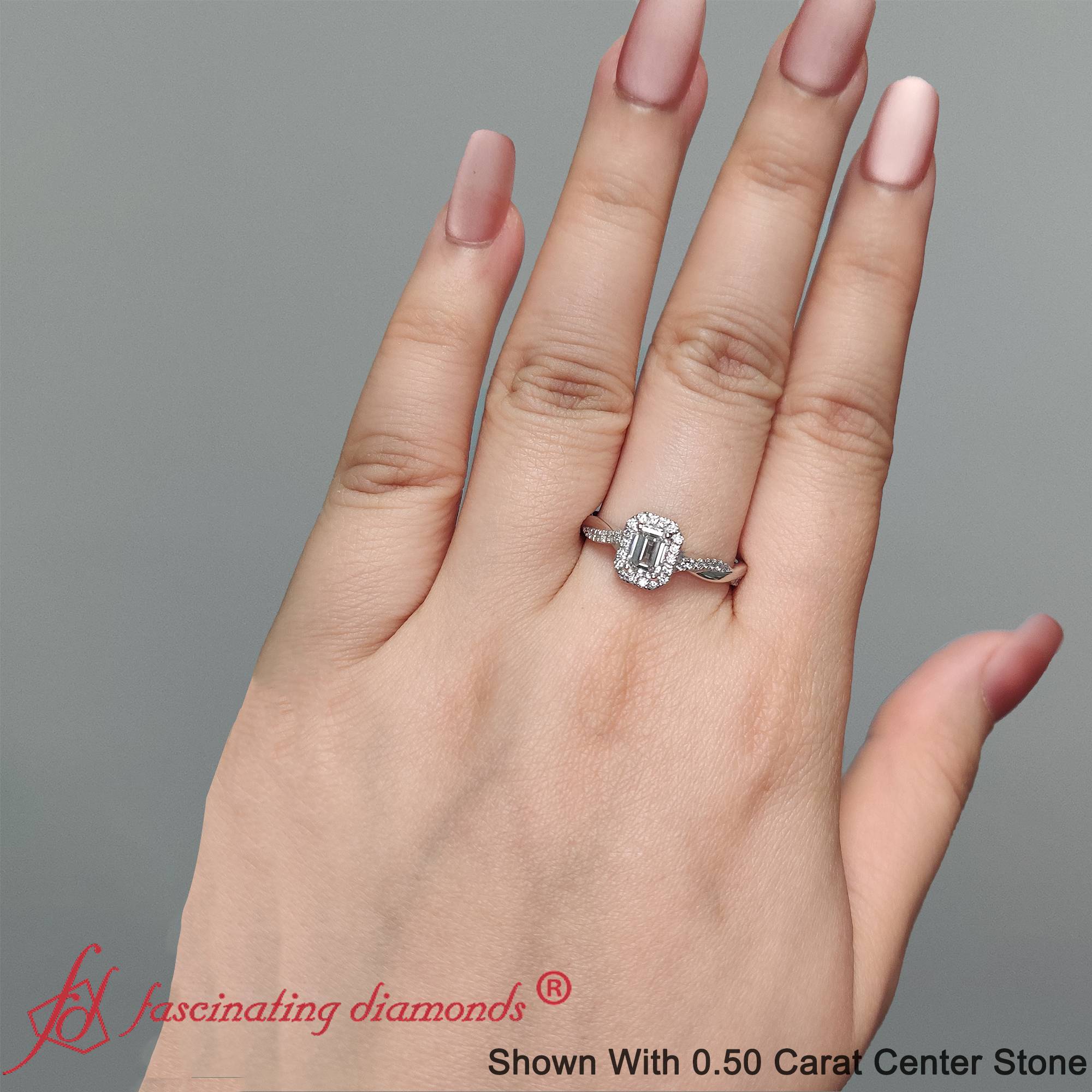 Emerald Cut Lab Diamond Twisted Halo Wedding Ring with 14K White Gold White Diamond