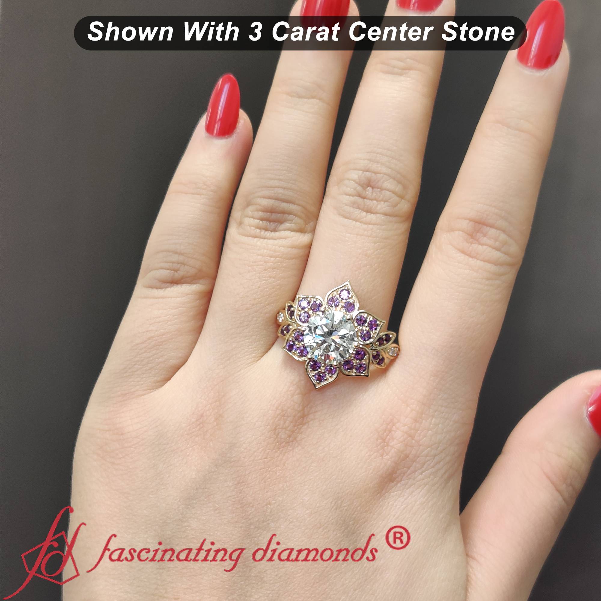 Floral Halo Round Cut Lab Diamond Engagement Ring with 14K Yellow Gold Purple Amethyst