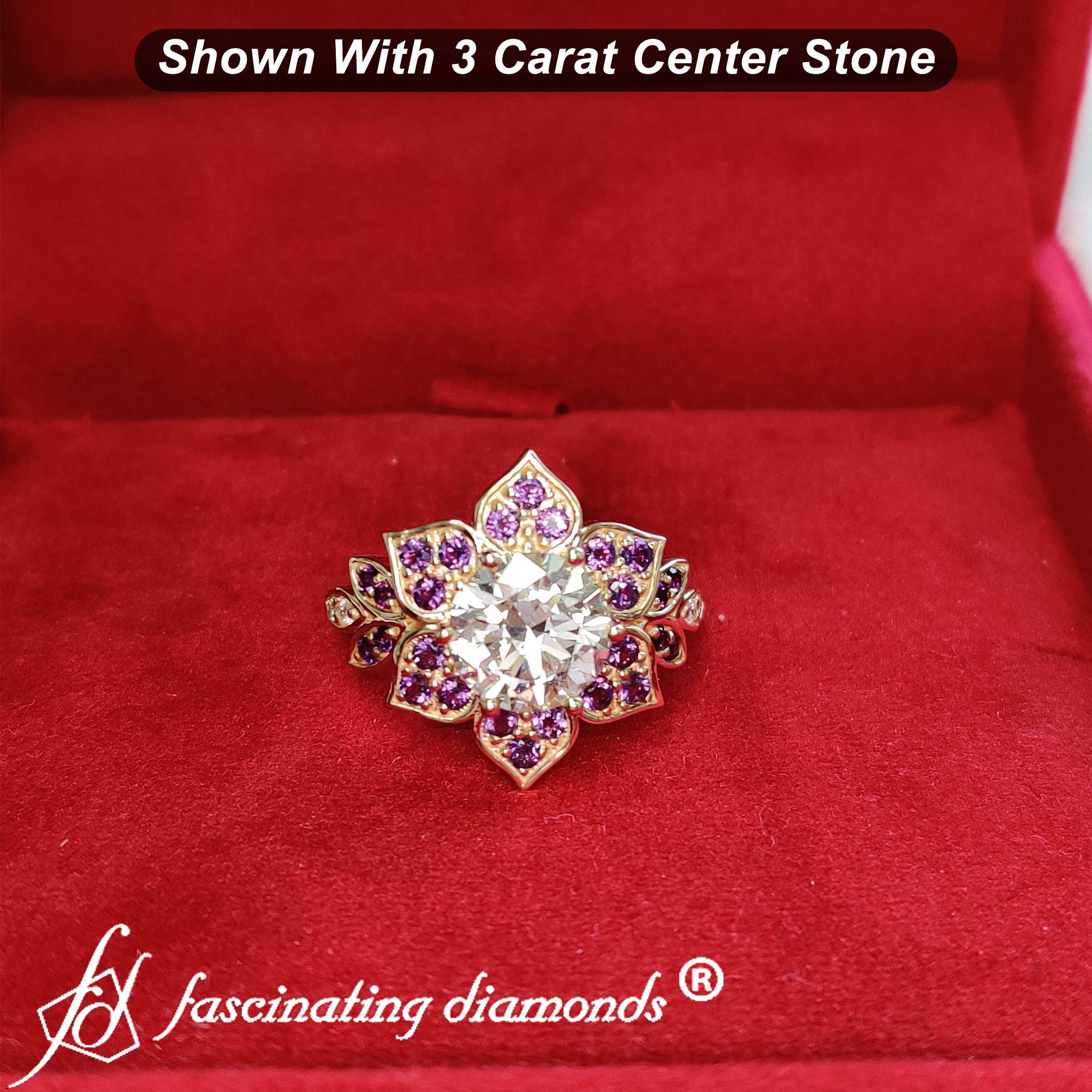 Floral Halo Round Cut Lab Diamond Engagement Ring with 14K Yellow Gold Purple Amethyst