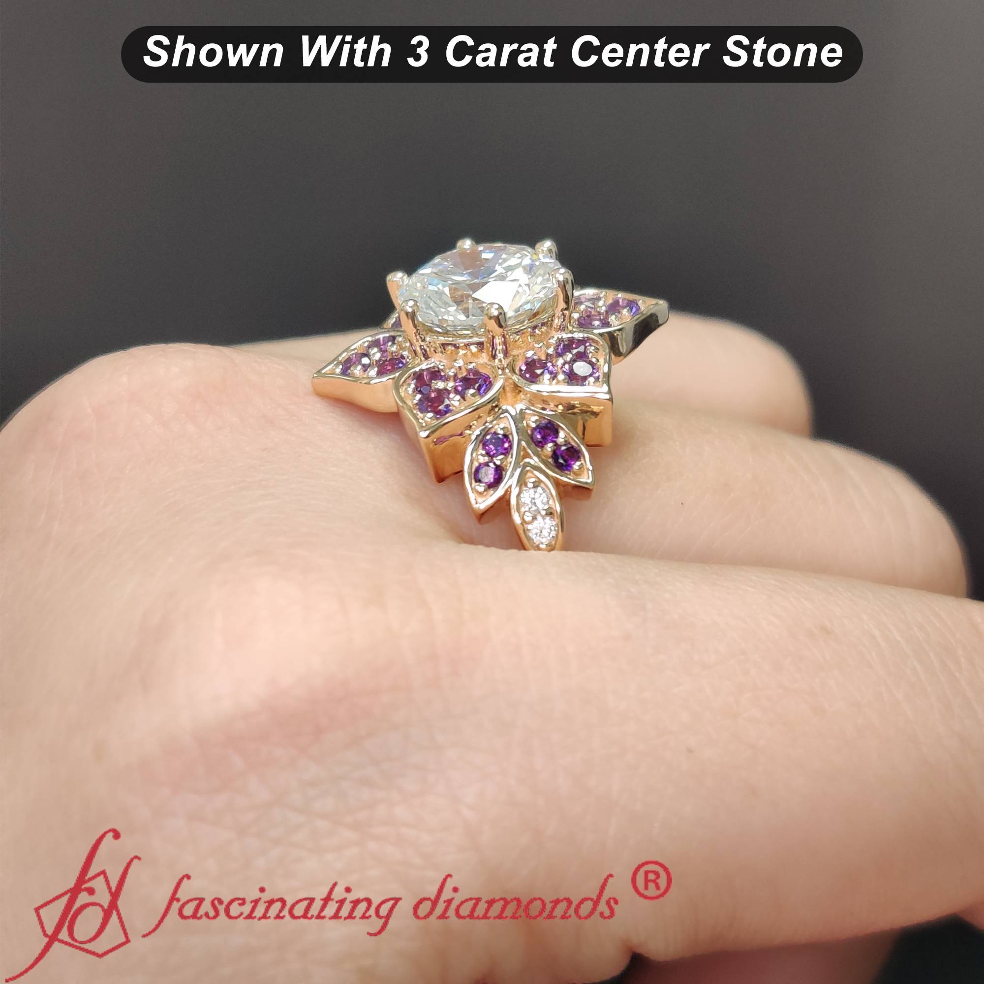 Floral Halo Round Cut Lab Diamond Engagement Ring with 14K Yellow Gold Purple Amethyst