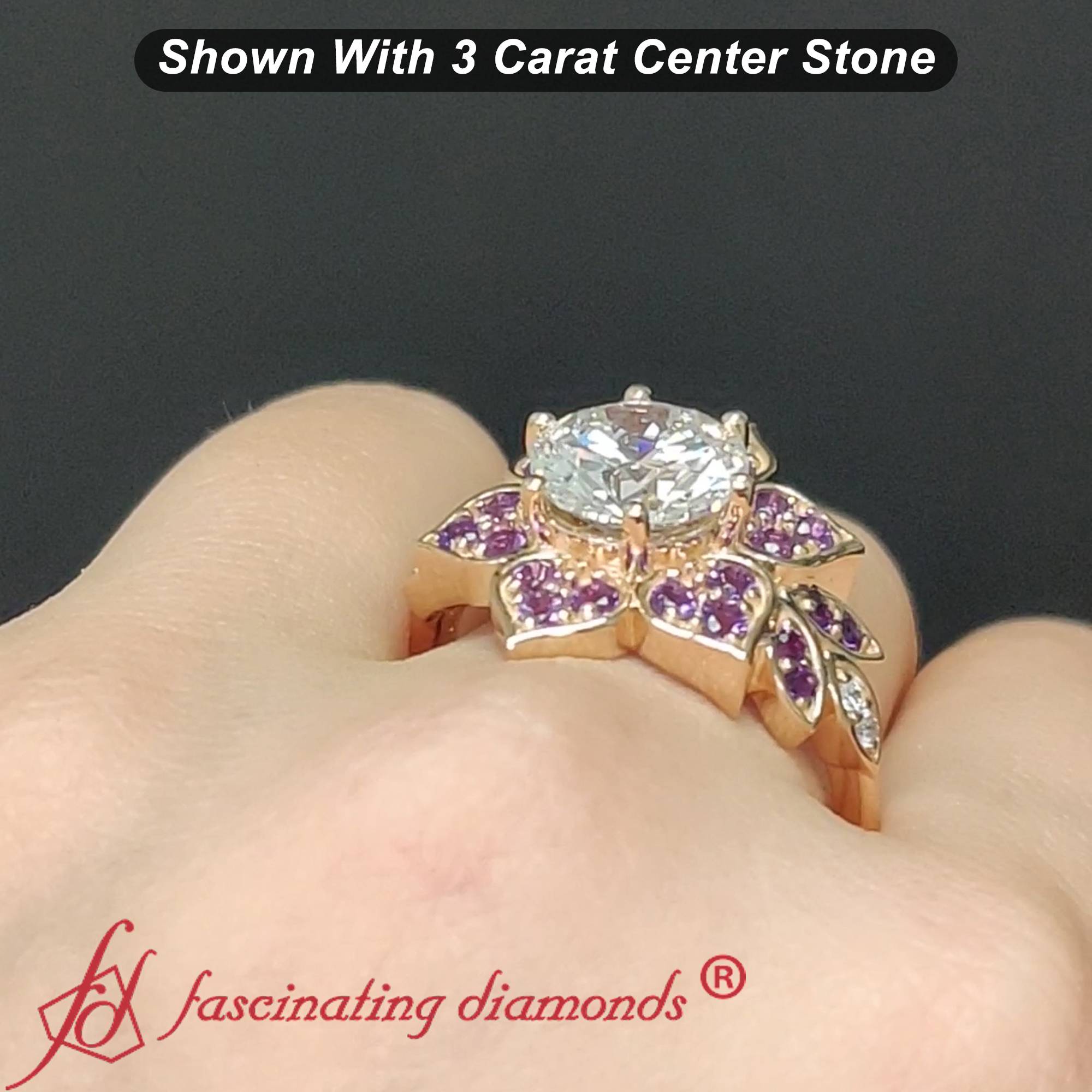 Floral Halo Round Cut Lab Diamond Engagement Ring with 14K Yellow Gold Purple Amethyst