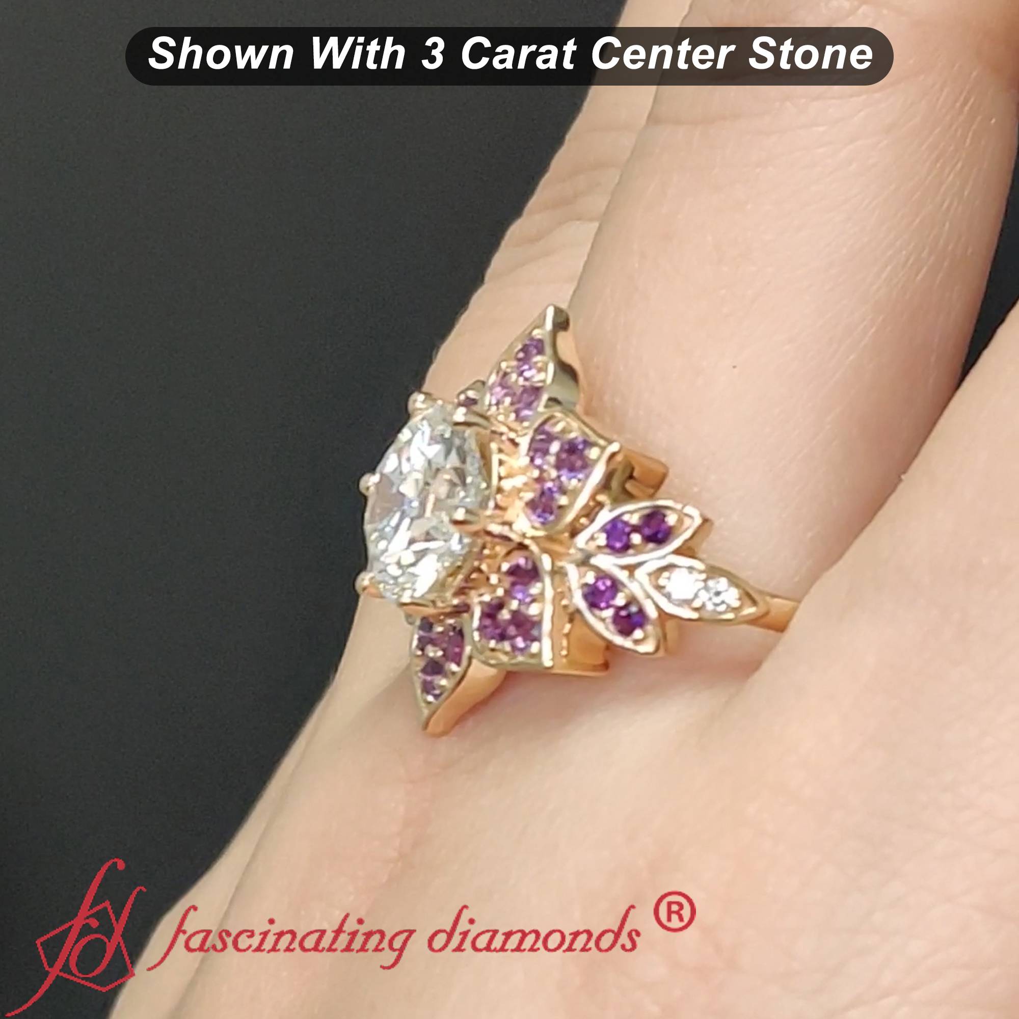 Floral Halo Round Cut Lab Diamond Engagement Ring with 14K Yellow Gold Purple Amethyst