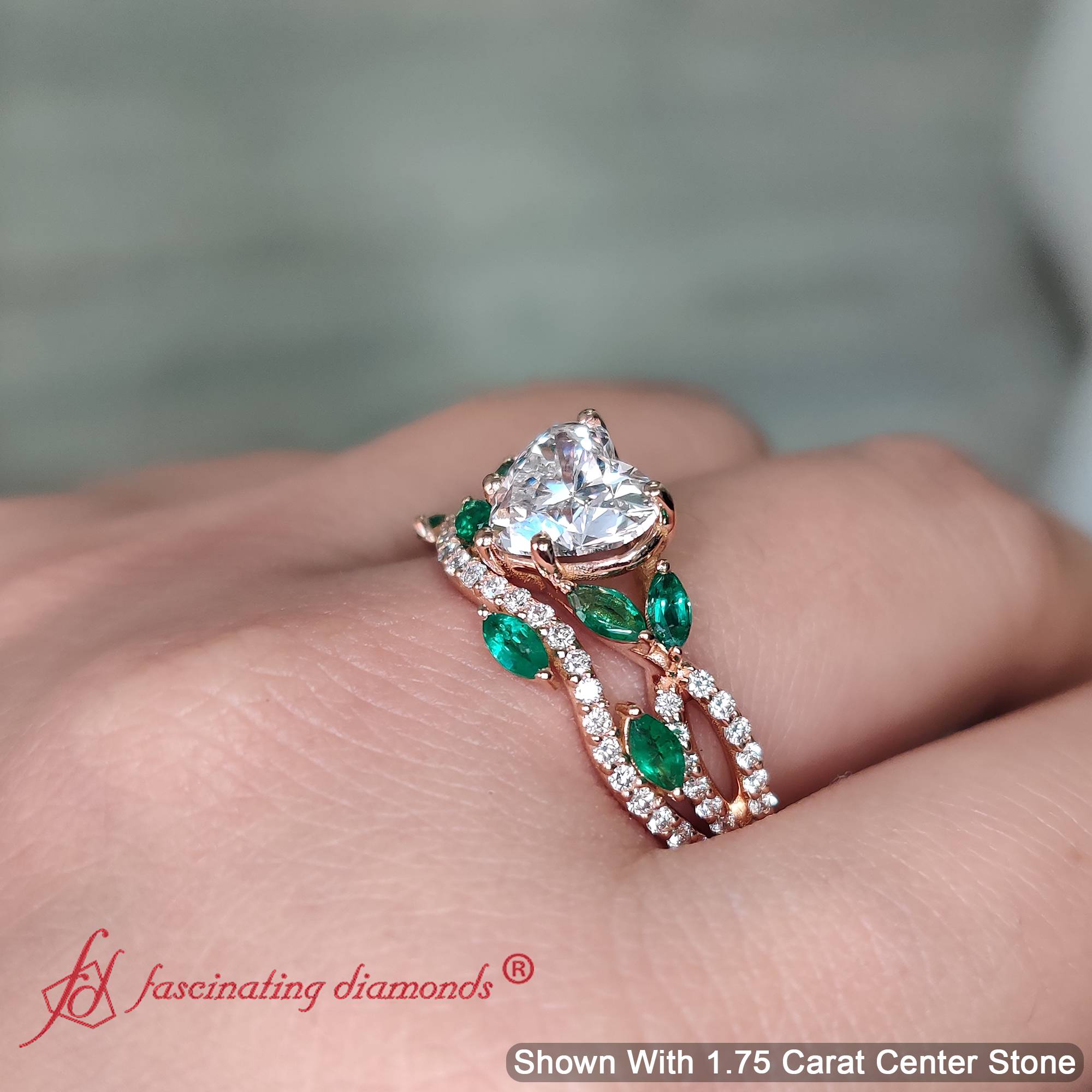 Heart Shaped Twisted Vine Luxury Bridal Set with Green Emerald in 18K Rose Gold