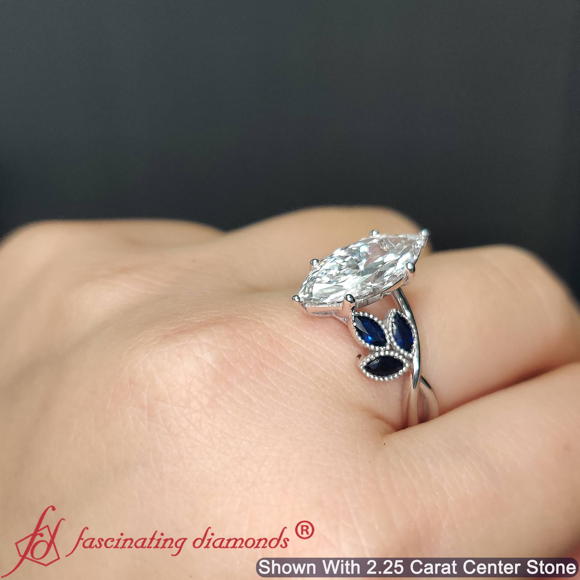 Marquise Cut Lab Diamond leaf Engagement Ring with Blue Sapphire in 950 Platinum