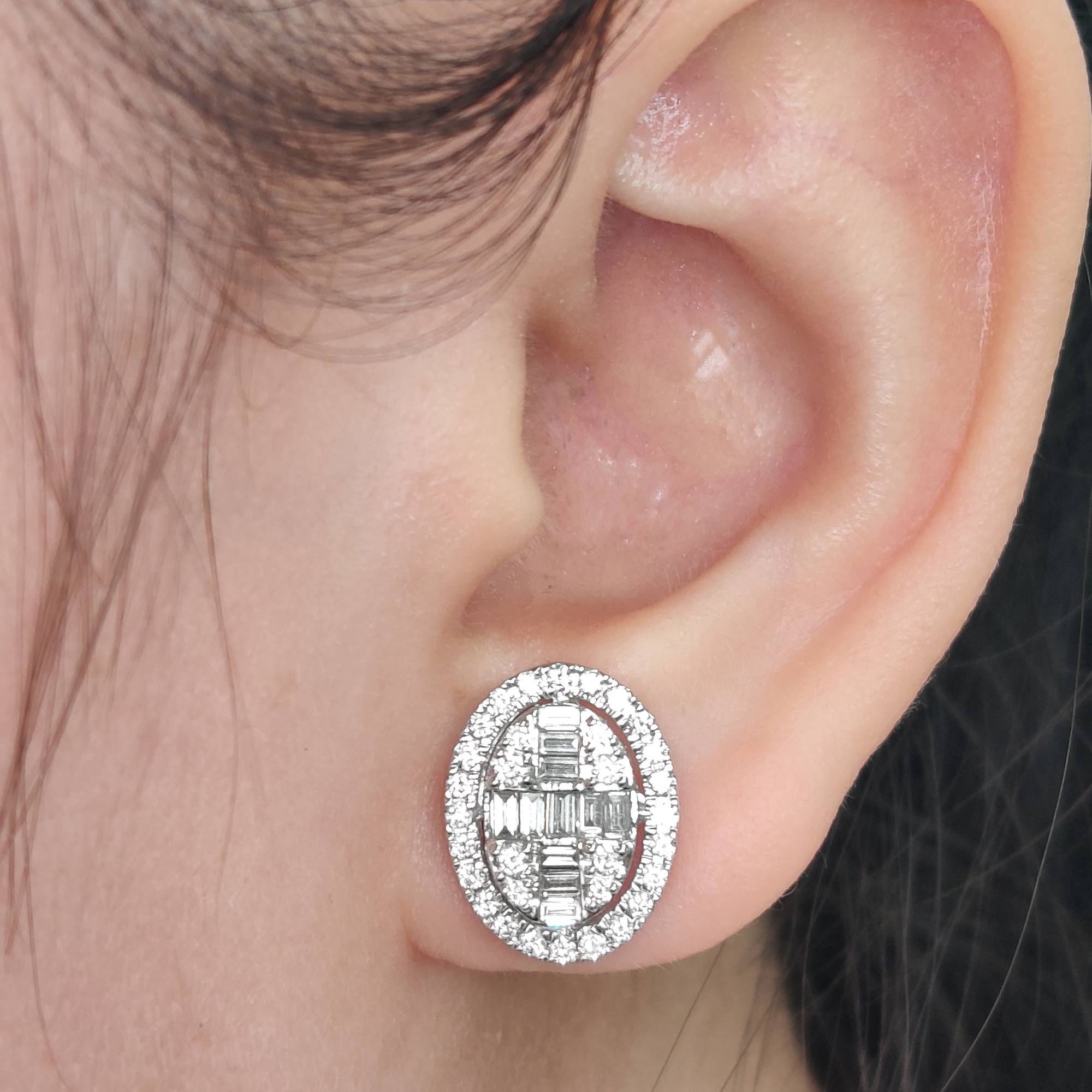 Oval Shaped Cluster Lab Diamond Stud Earrings with 14K White Gold White Diamond