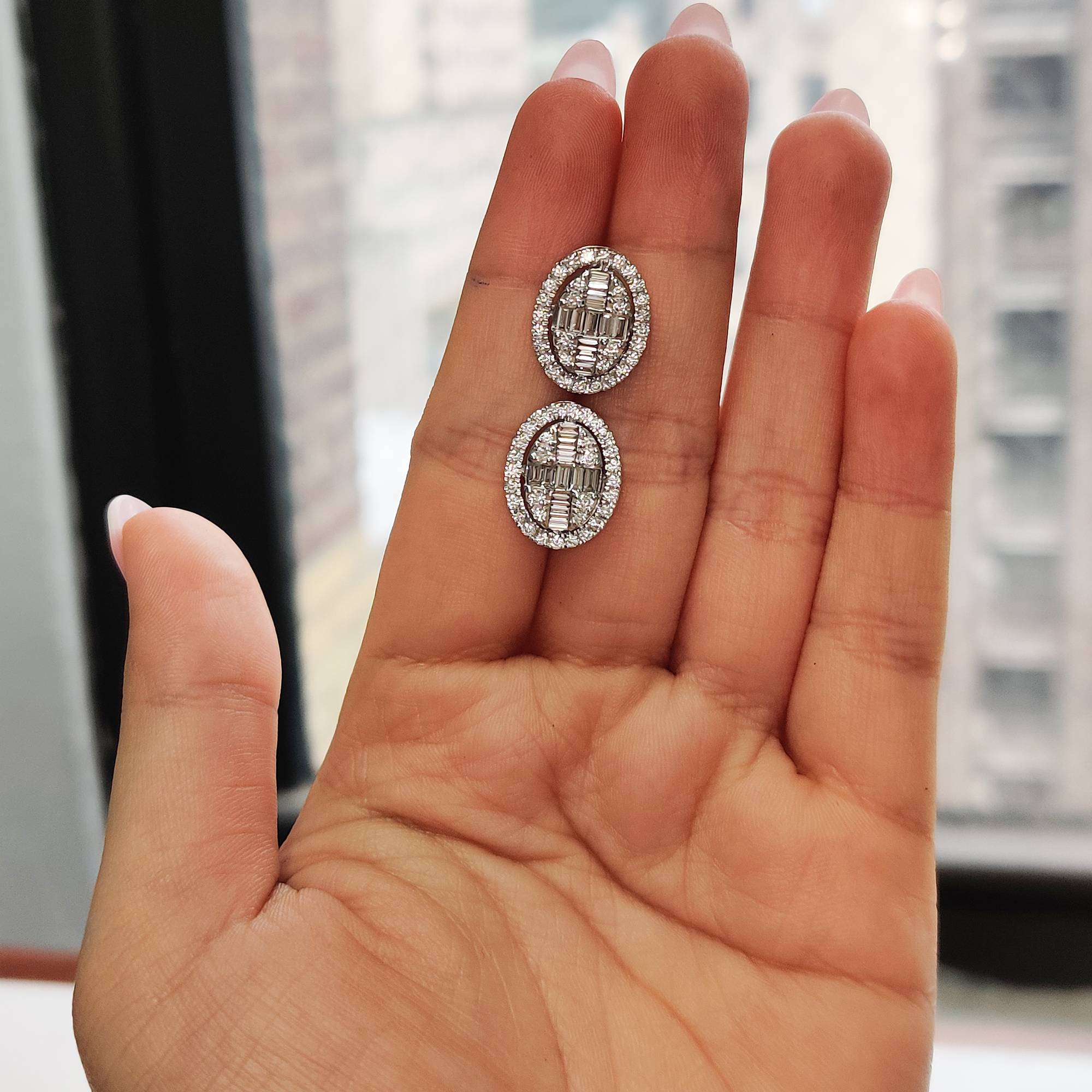 Oval Shaped Cluster Lab Diamond Stud Earrings with 14K White Gold White Diamond