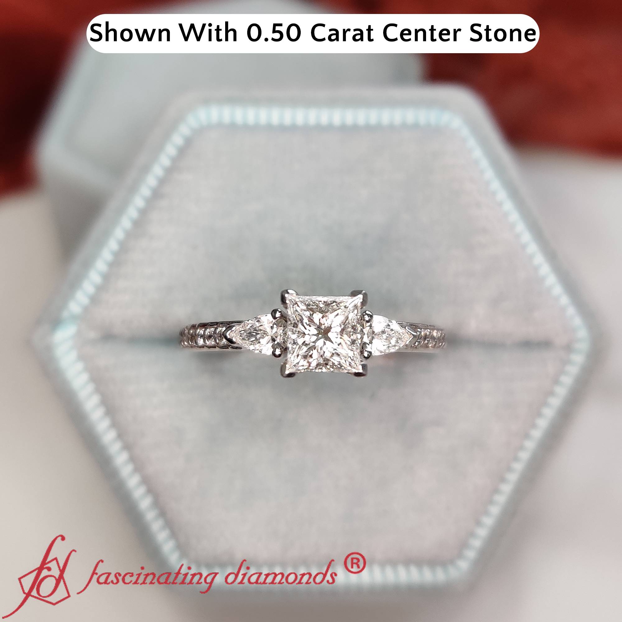 0.50 Ct Princess Cut 3 Stone Engagement Ring with 14K White Gold White Diamond