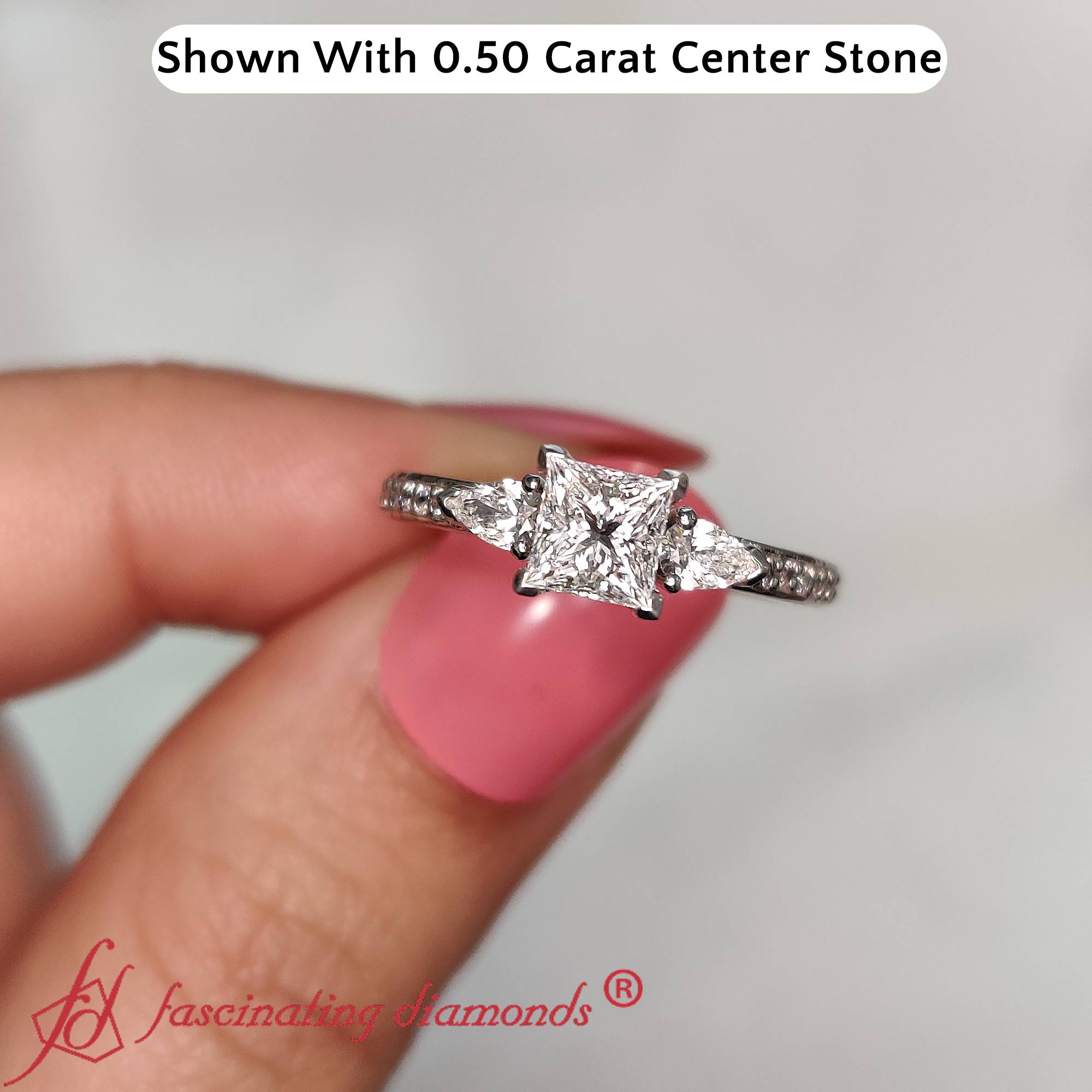 0.50 Ct Princess Cut 3 Stone Engagement Ring with 14K White Gold White Diamond
